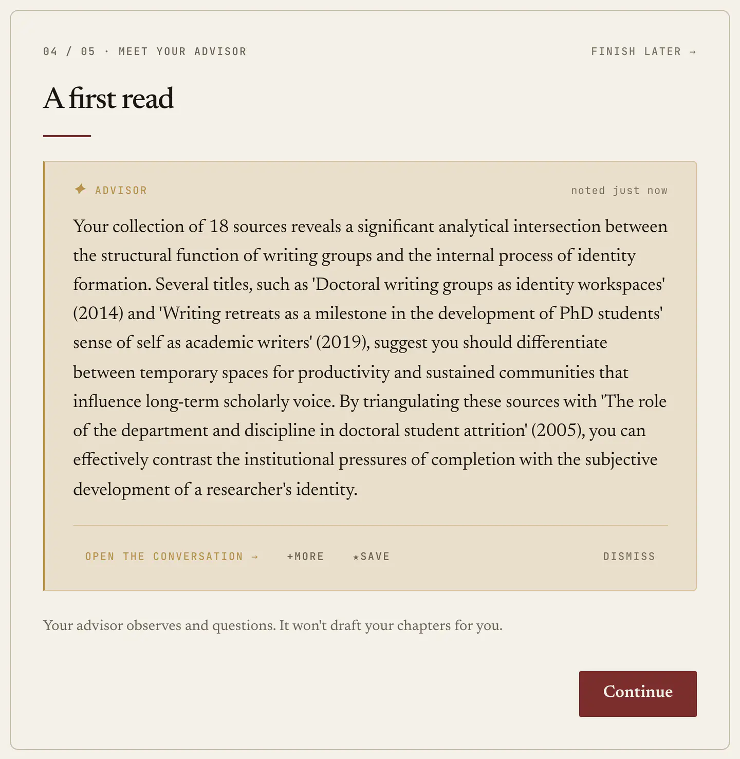 Step 4: a first read that names particular papers in the library and what having them together makes possible.
