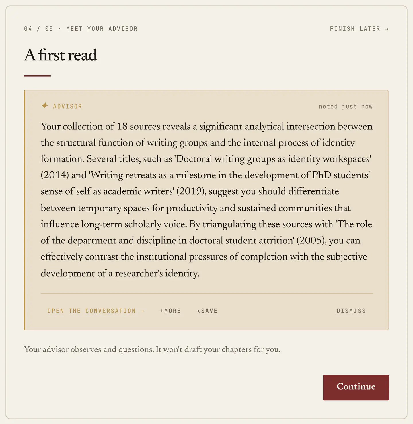 Step 4: a first read that names particular papers in the library and what having them together makes possible.