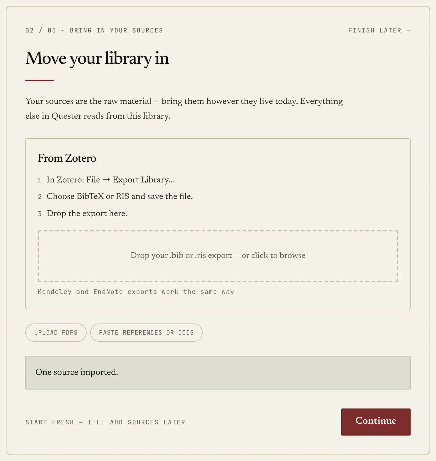 Step 2 of the move-in: the Zotero instructions above a drop target, with the upload and paste routes underneath.