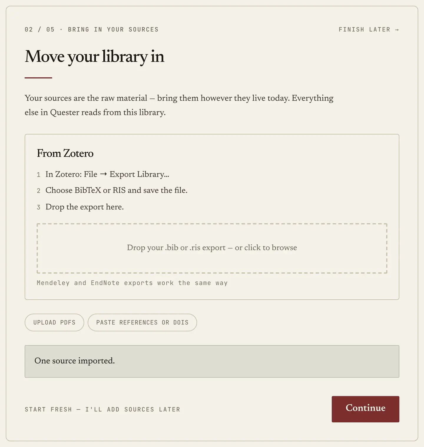 Step 2 of the move-in: the Zotero instructions above a drop target, with the upload and paste routes underneath.