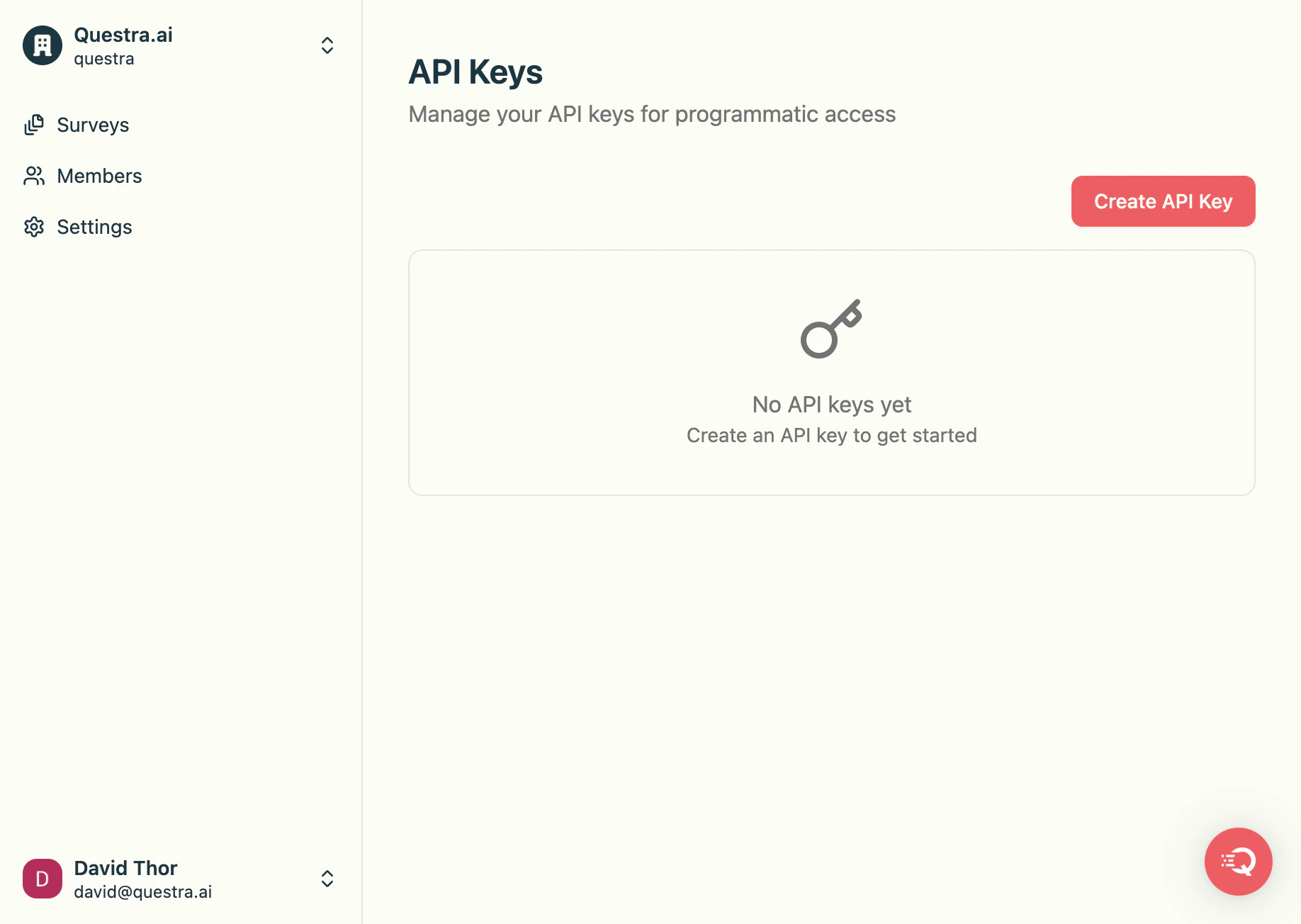 API Keys page showing no keys yet