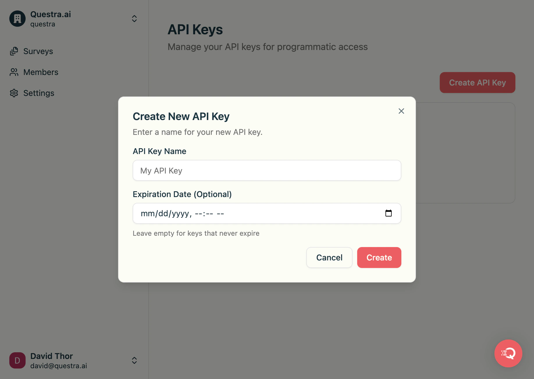 Create New API Key modal