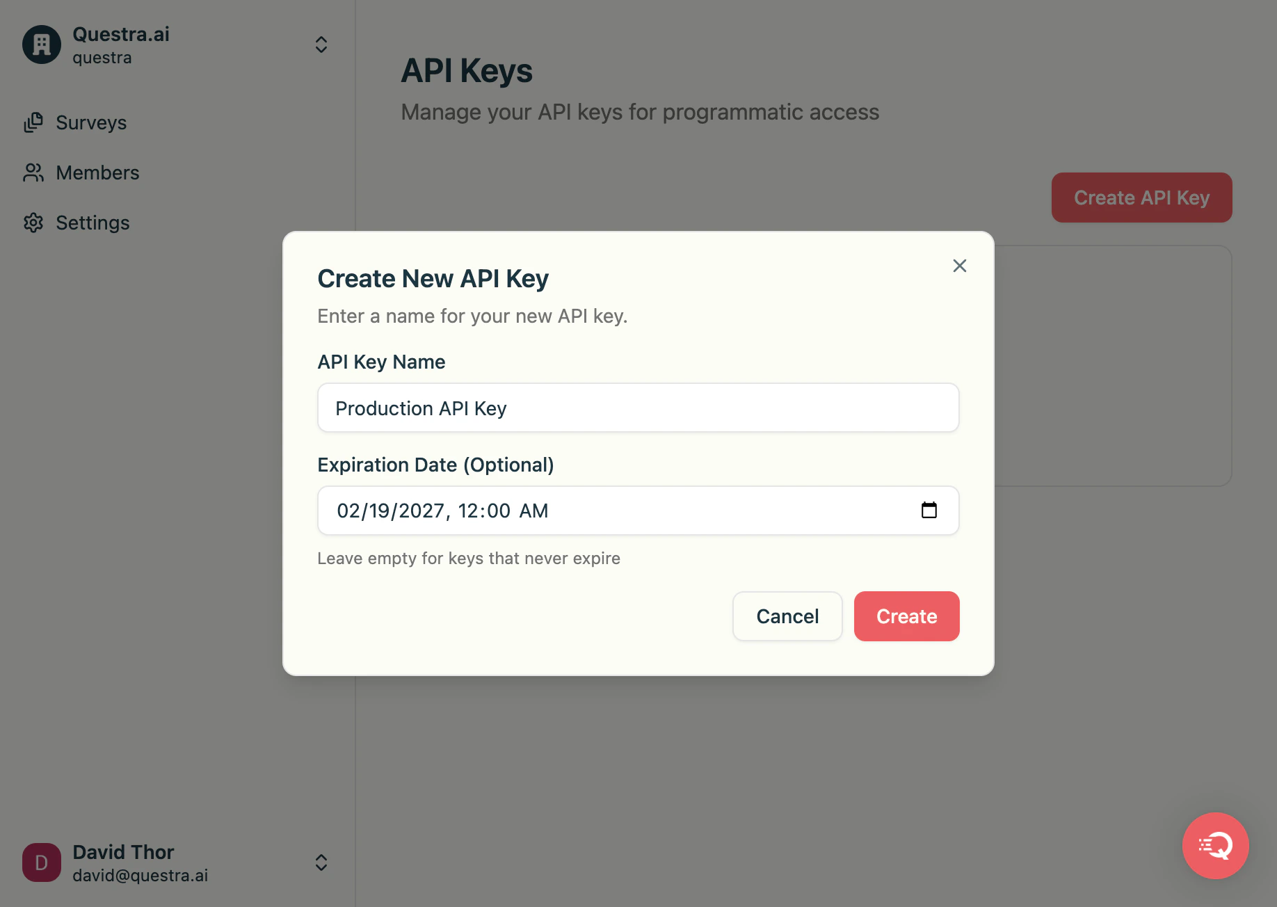 Create API Key form filled in with name and expiration date