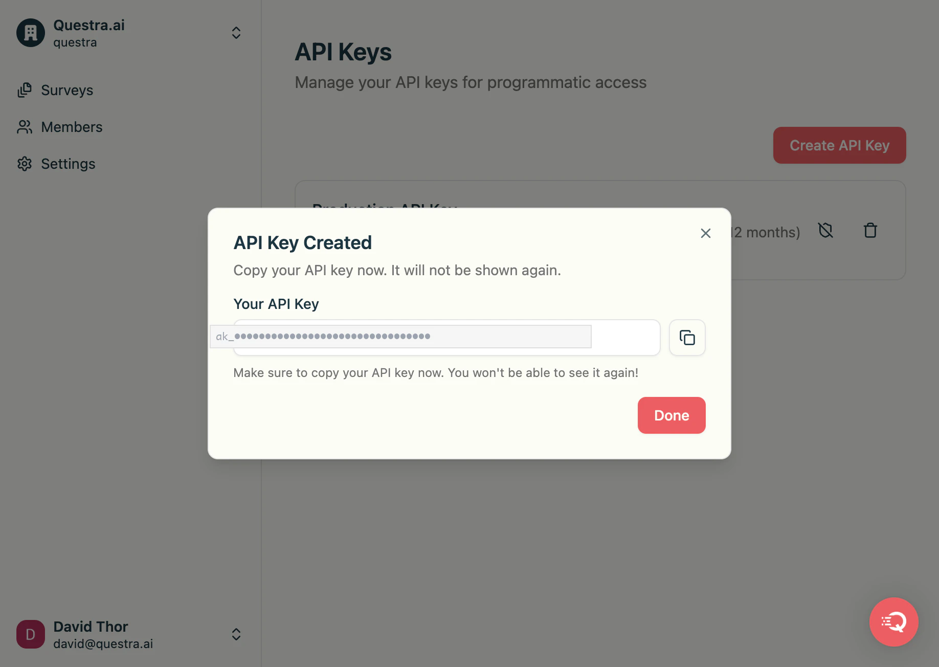 API Key Created modal showing the new key