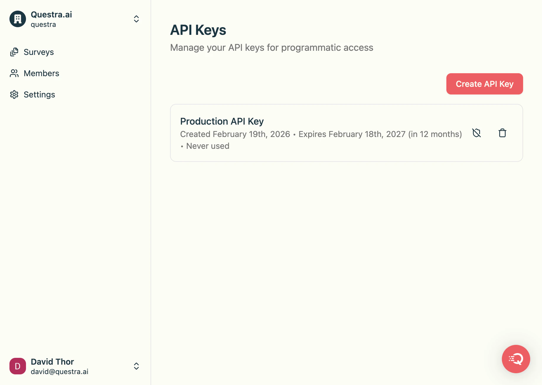 API Keys page showing the newly created Production API Key