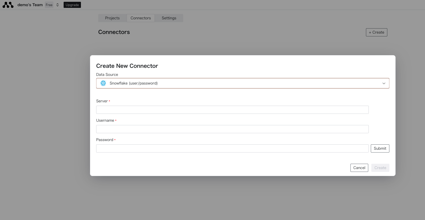 Snowflake ID Password Connection Create