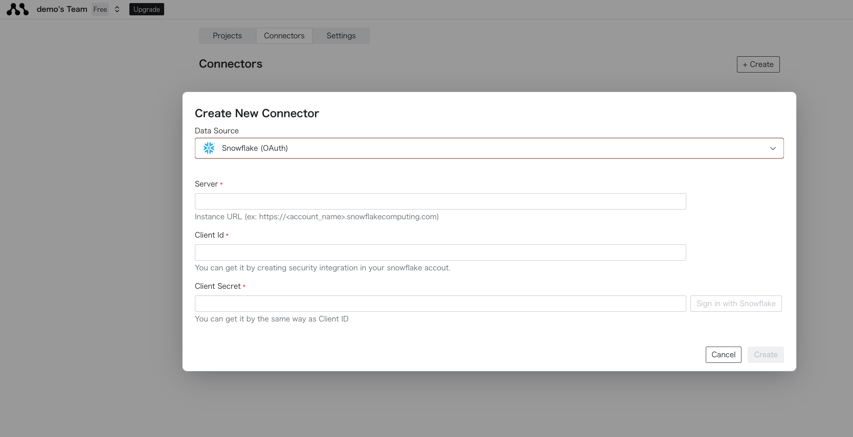 Snowflake OAuth Connection Create