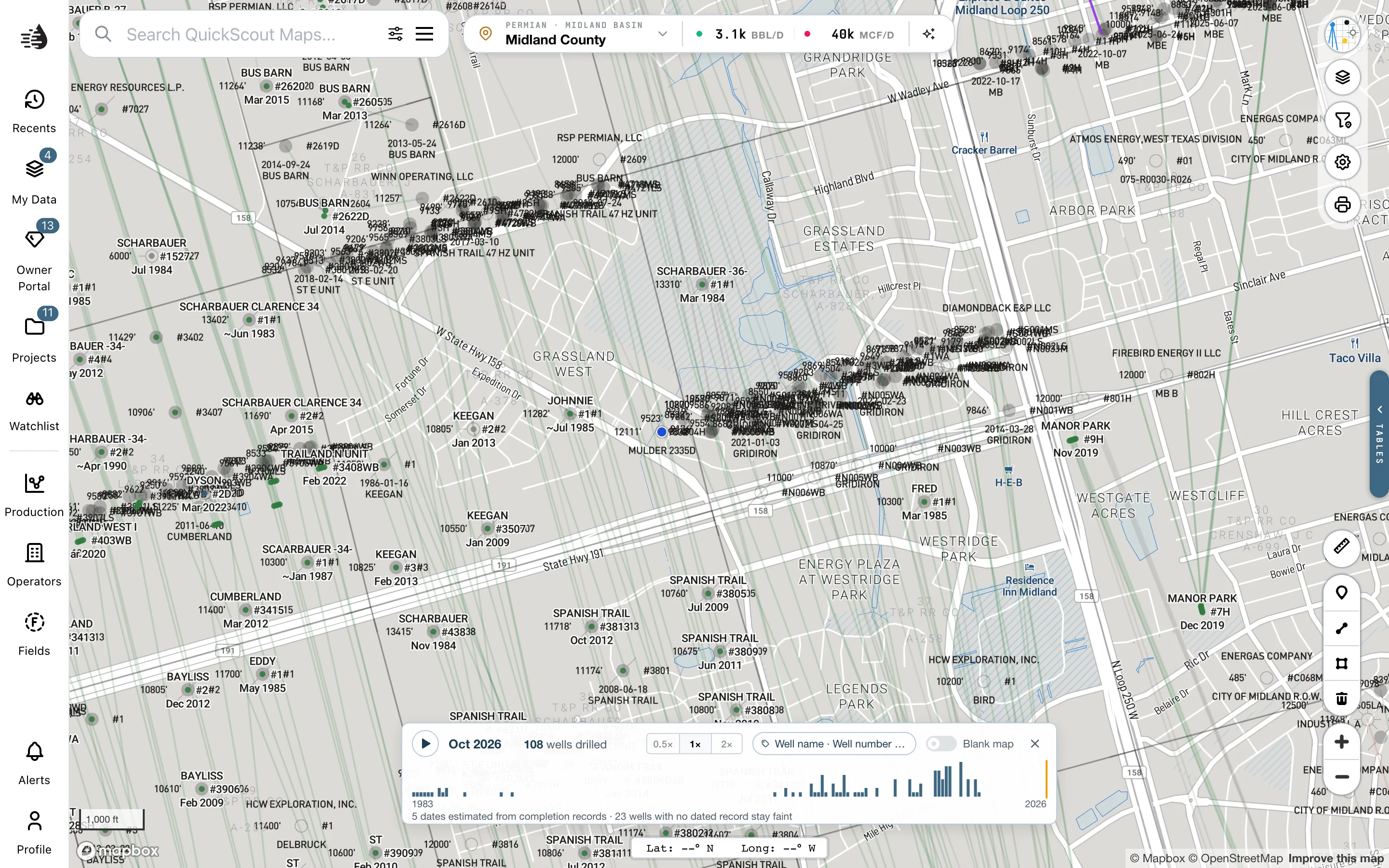 The drilling timeline paused over Midland with date, playback and blank-map controls