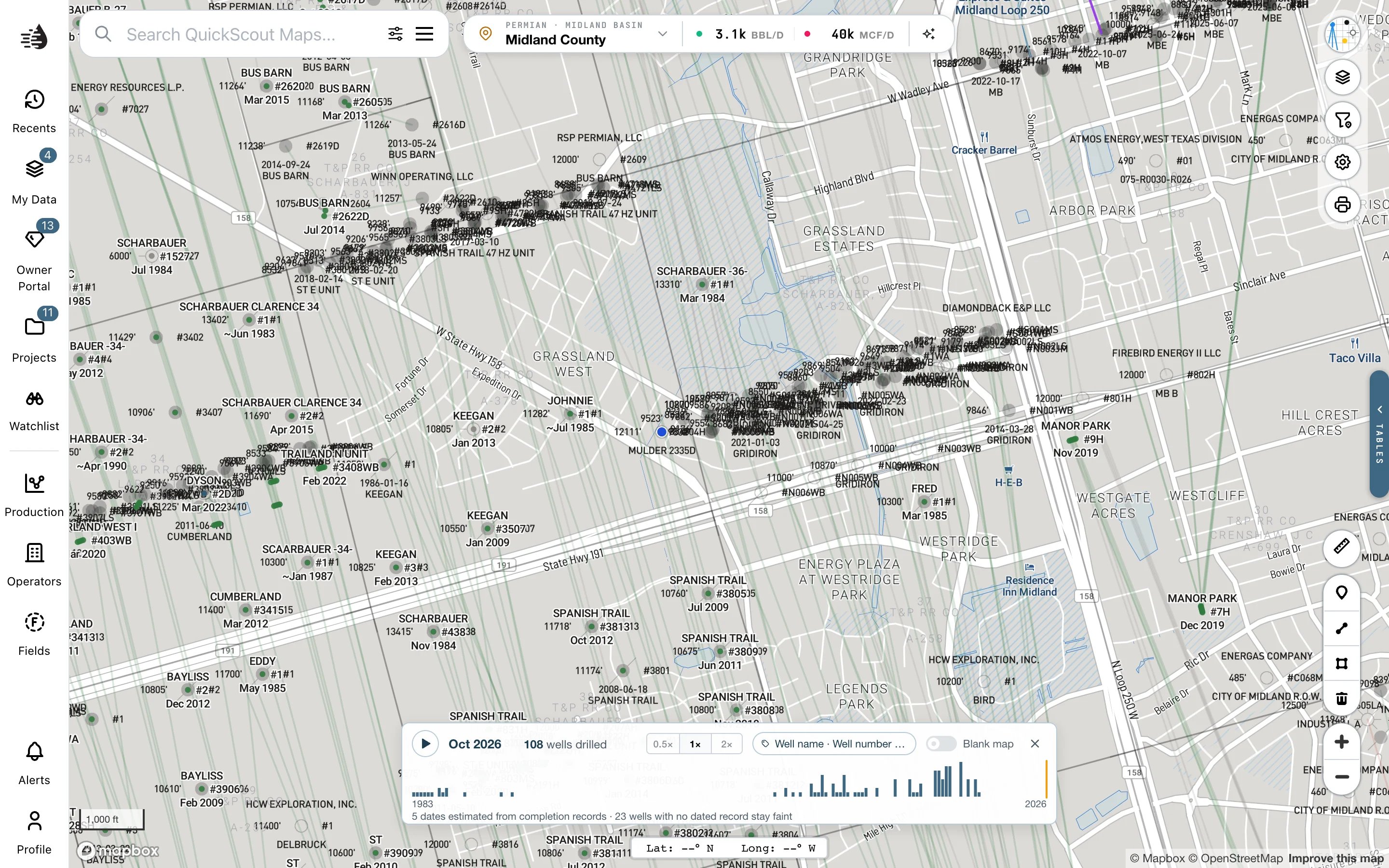 The drilling timeline paused over Midland with date, playback and blank-map controls