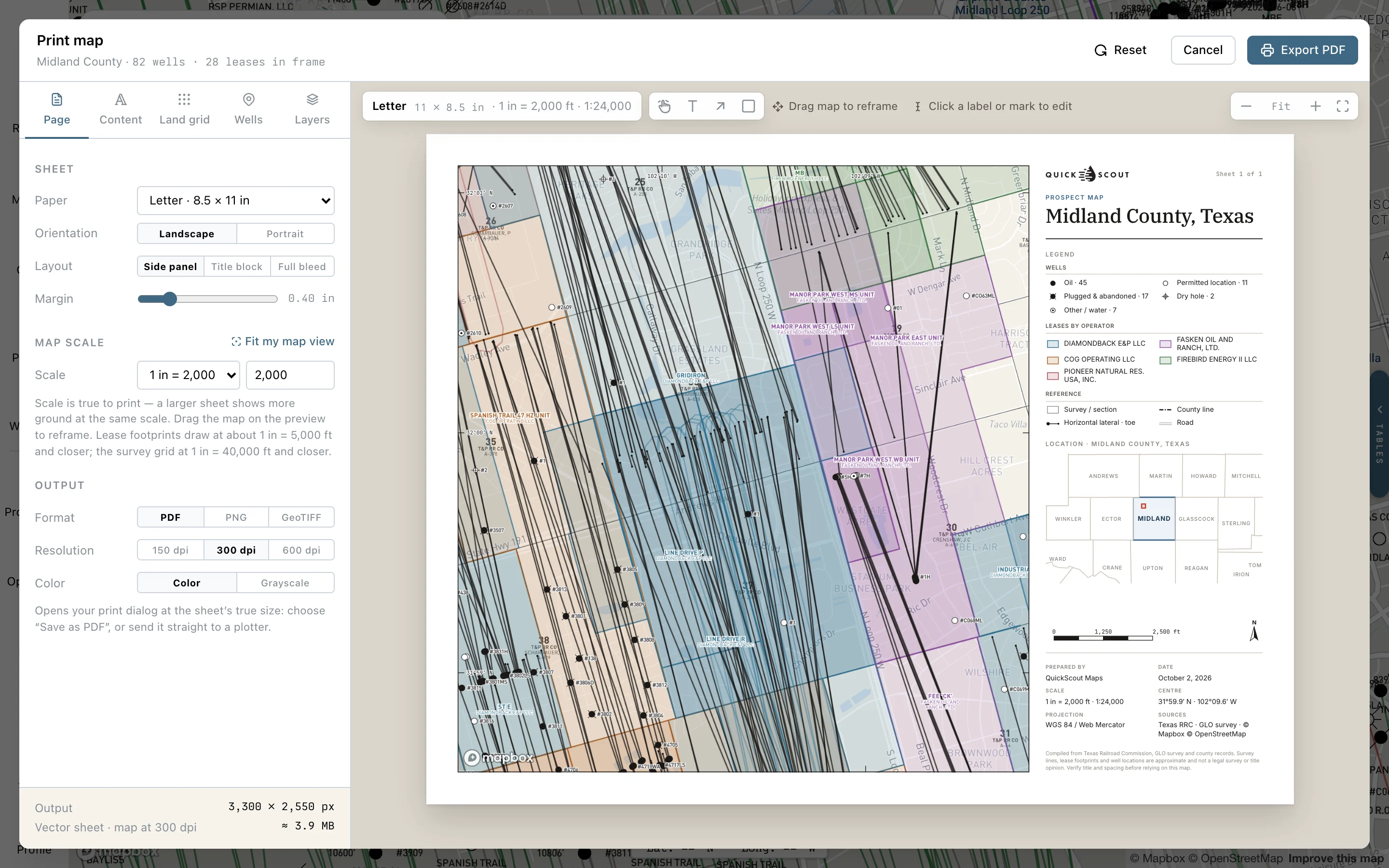 Map Print Studio with a scaled Midland sheet, paper and export controls