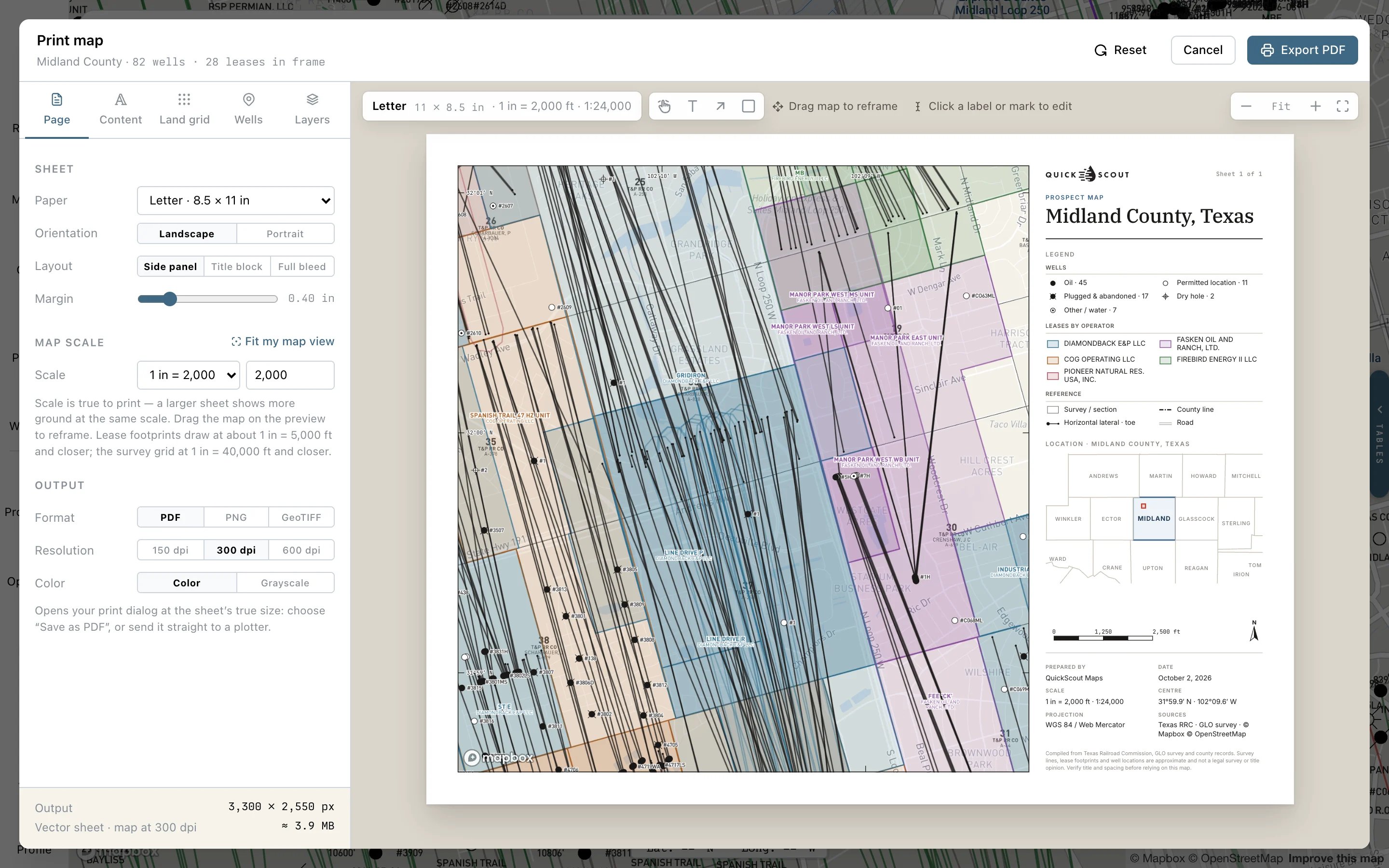 Map Print Studio with a scaled Midland sheet, paper and export controls