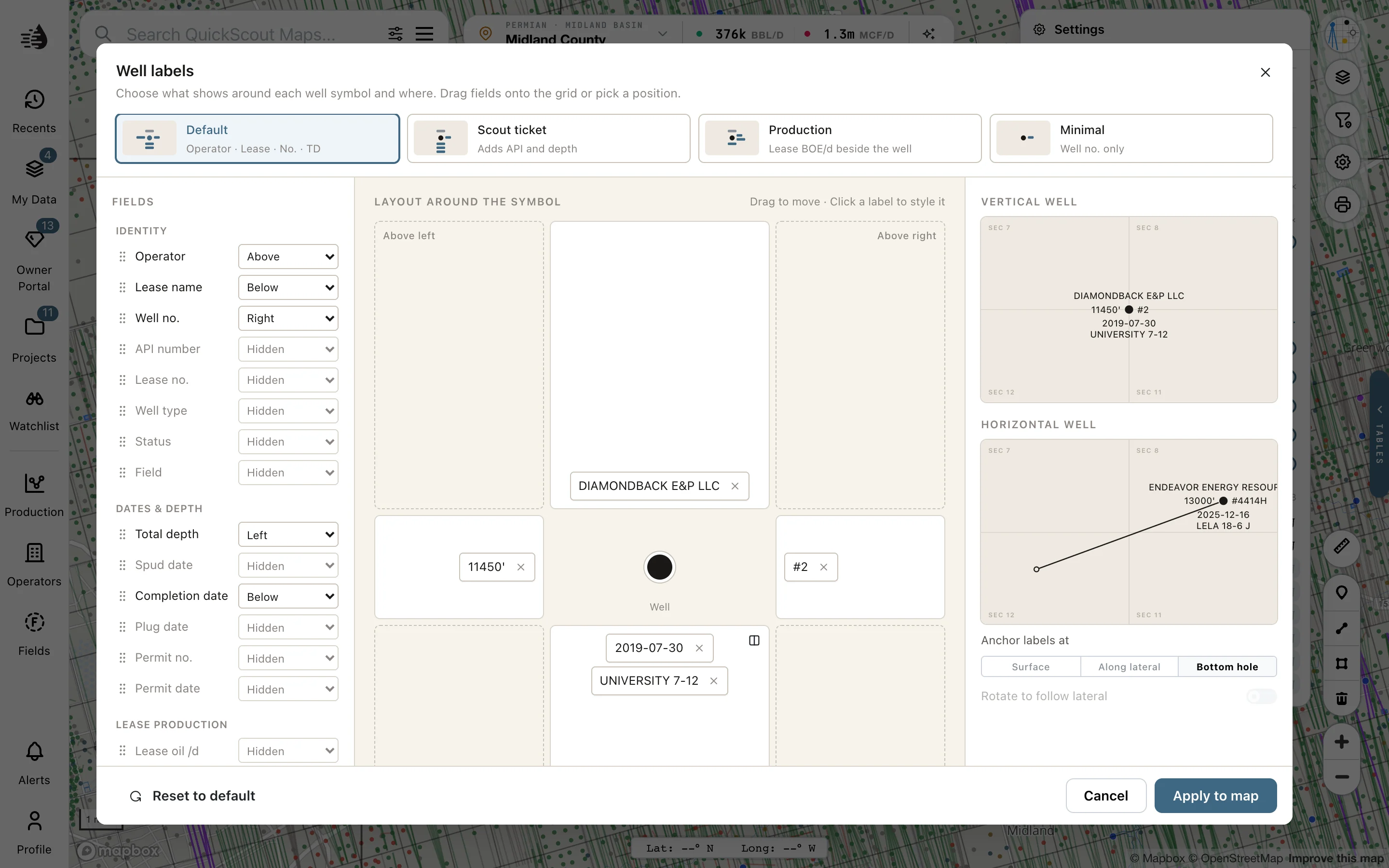 The Well labels editor with presets, fields and label positions around the symbol