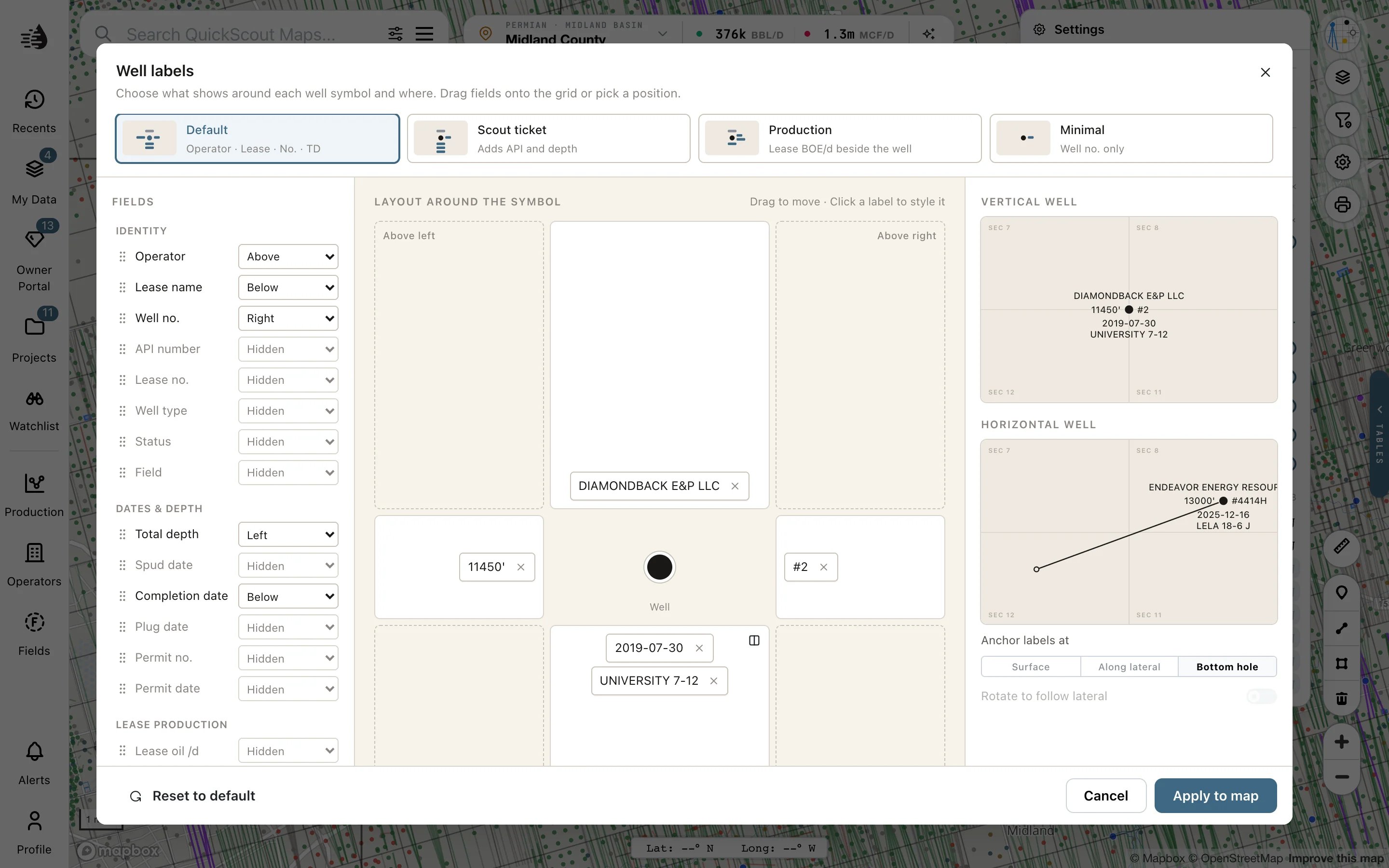 The Well labels editor with presets, fields and label positions around the symbol