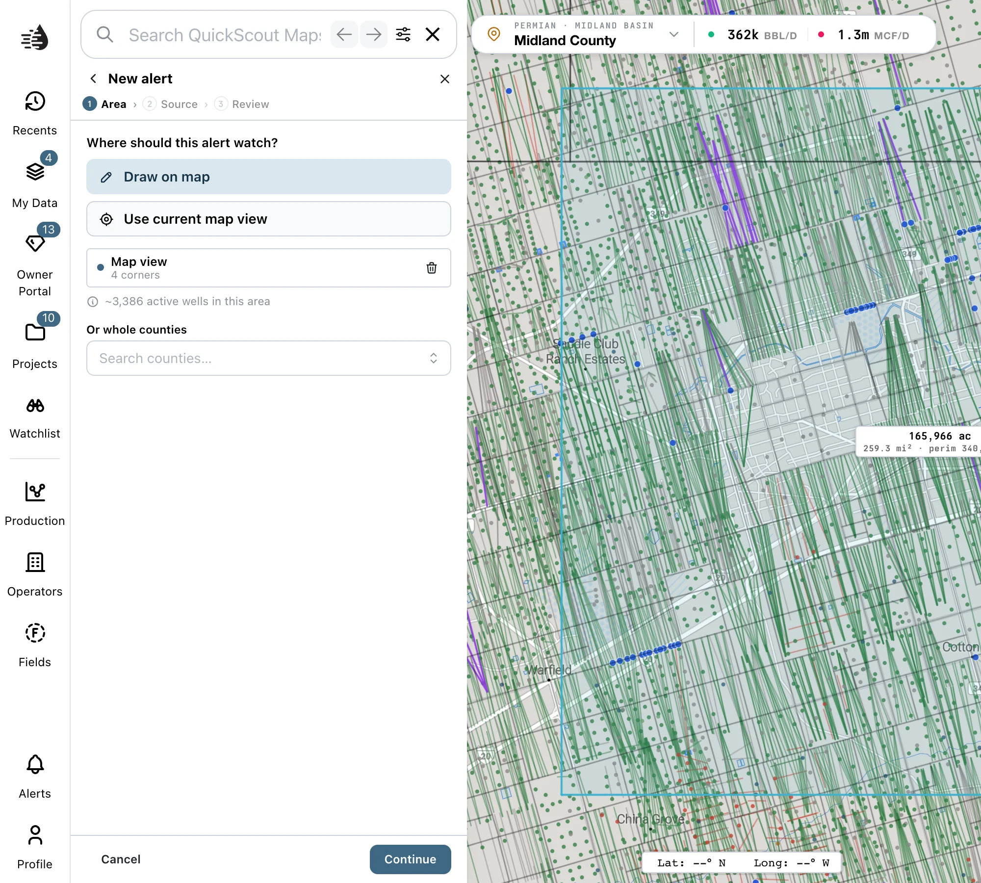 The Area step: Draw on map, Use current map view and whole counties, with the map view added
