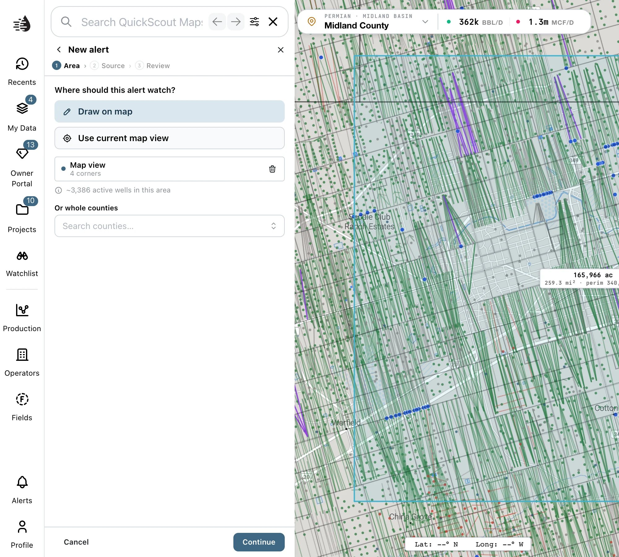The Area step: Draw on map, Use current map view and whole counties, with the map view added