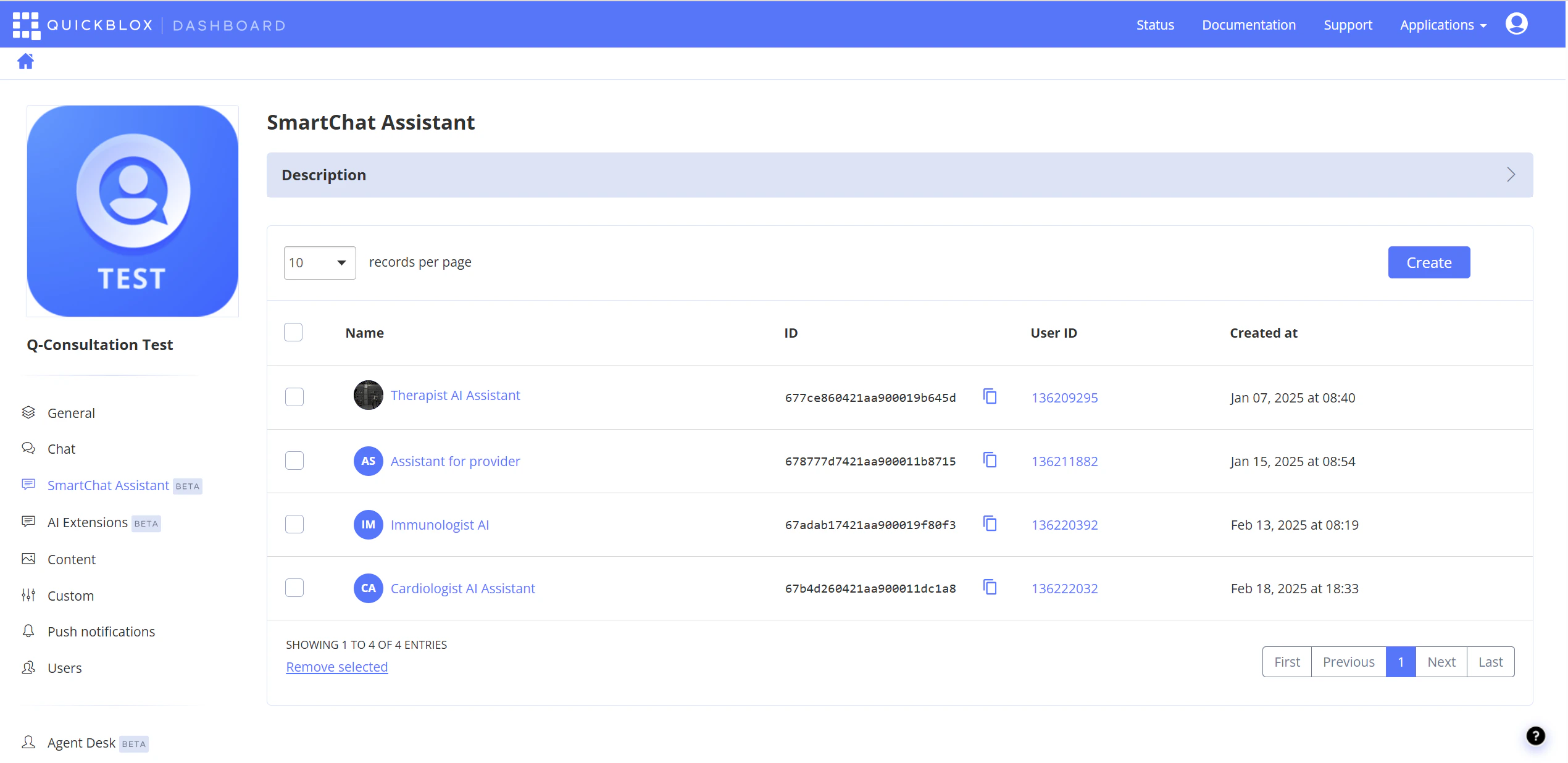 SmartChat Assistant list with IDs