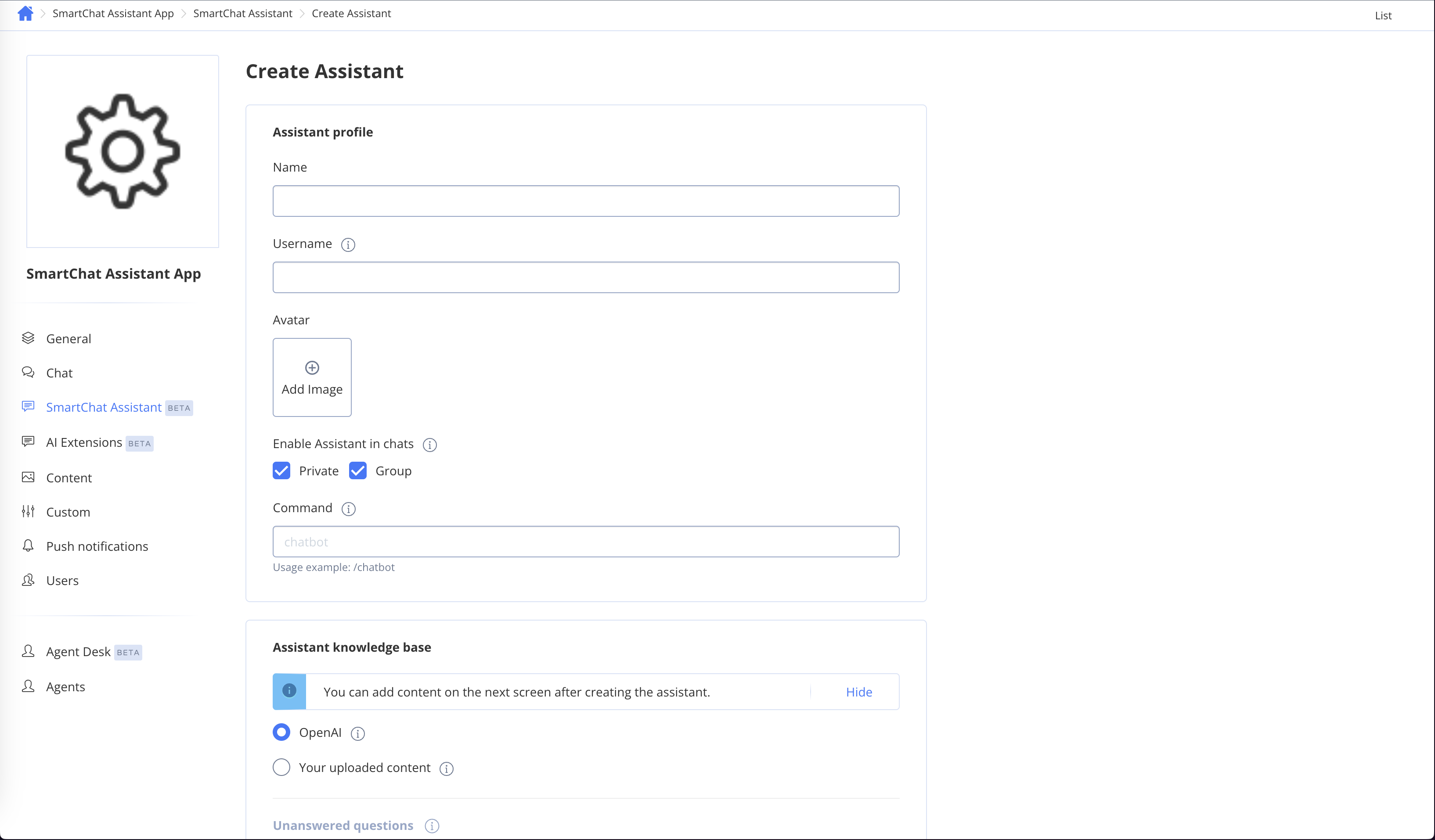 Create SmartChat assistant