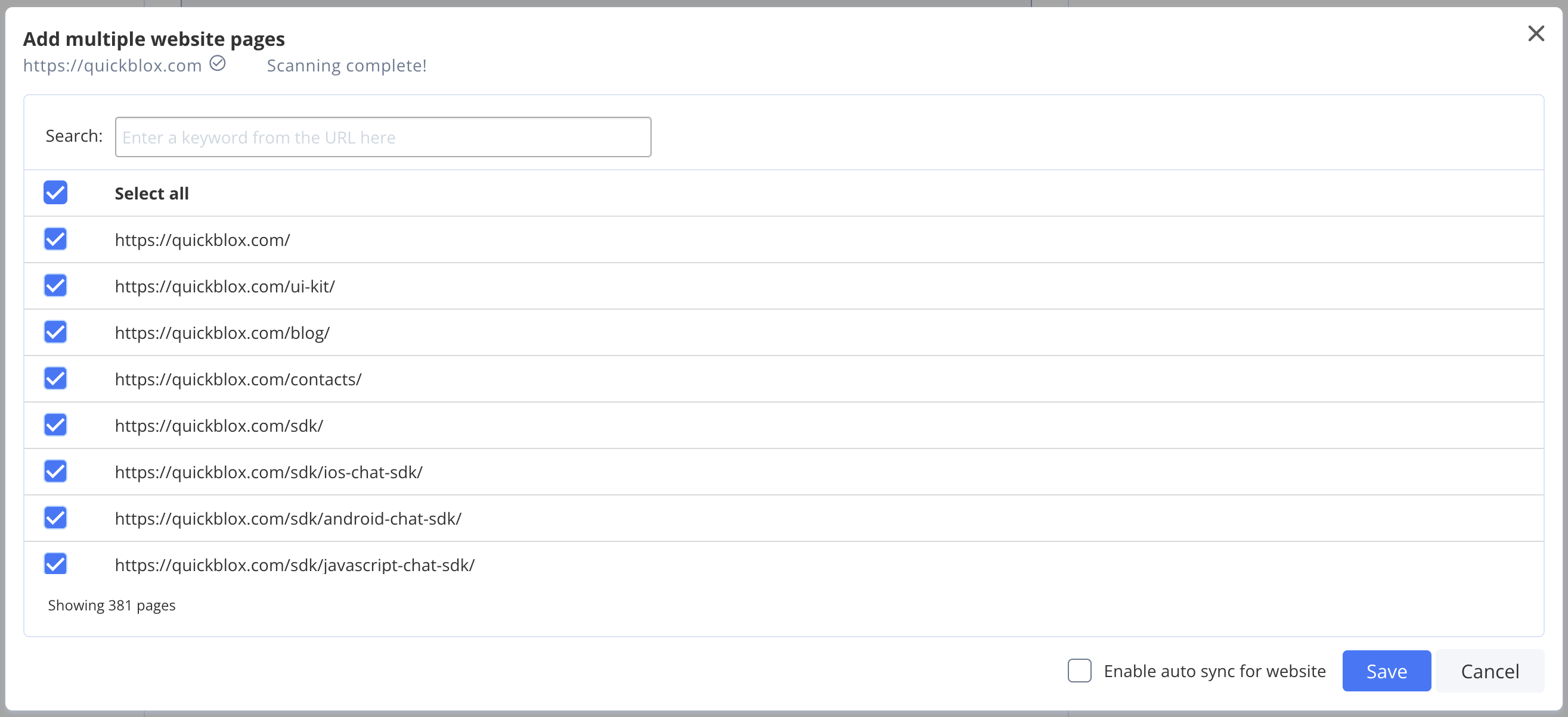 Select webpages to add