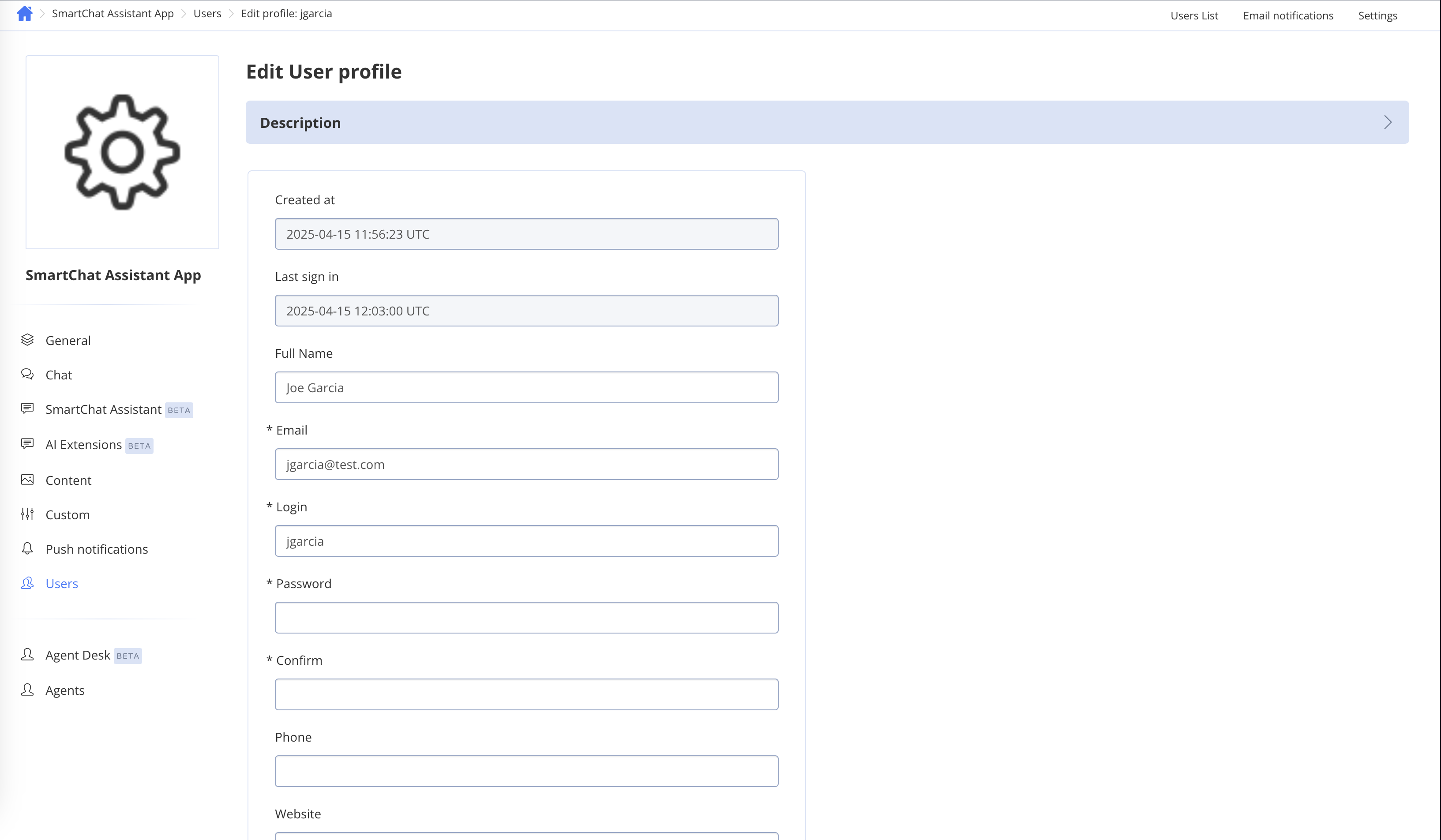 Update user details screenshot