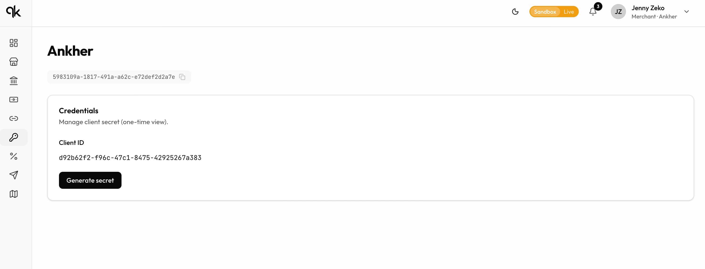 Credentials tab in the Quidkey Console