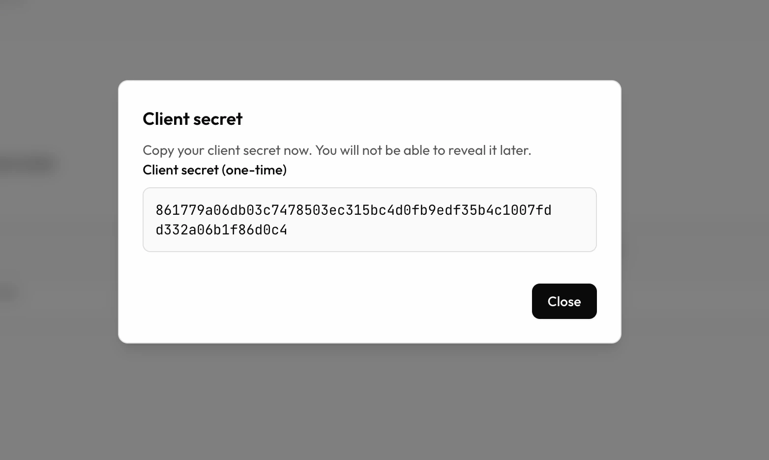 Client Secret popup shown in the Quidkey Console