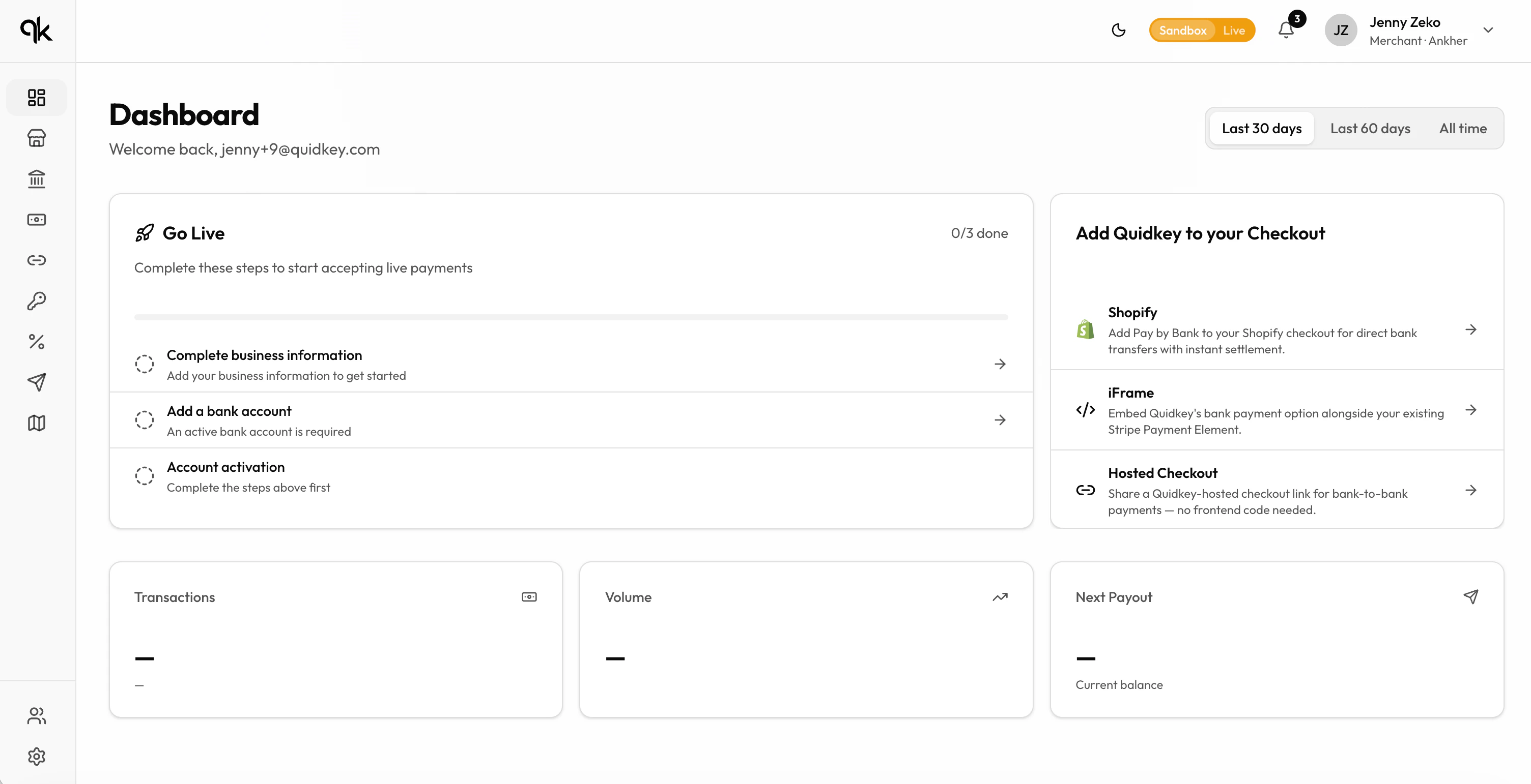 Go Live checklist in the Quidkey Dashboard