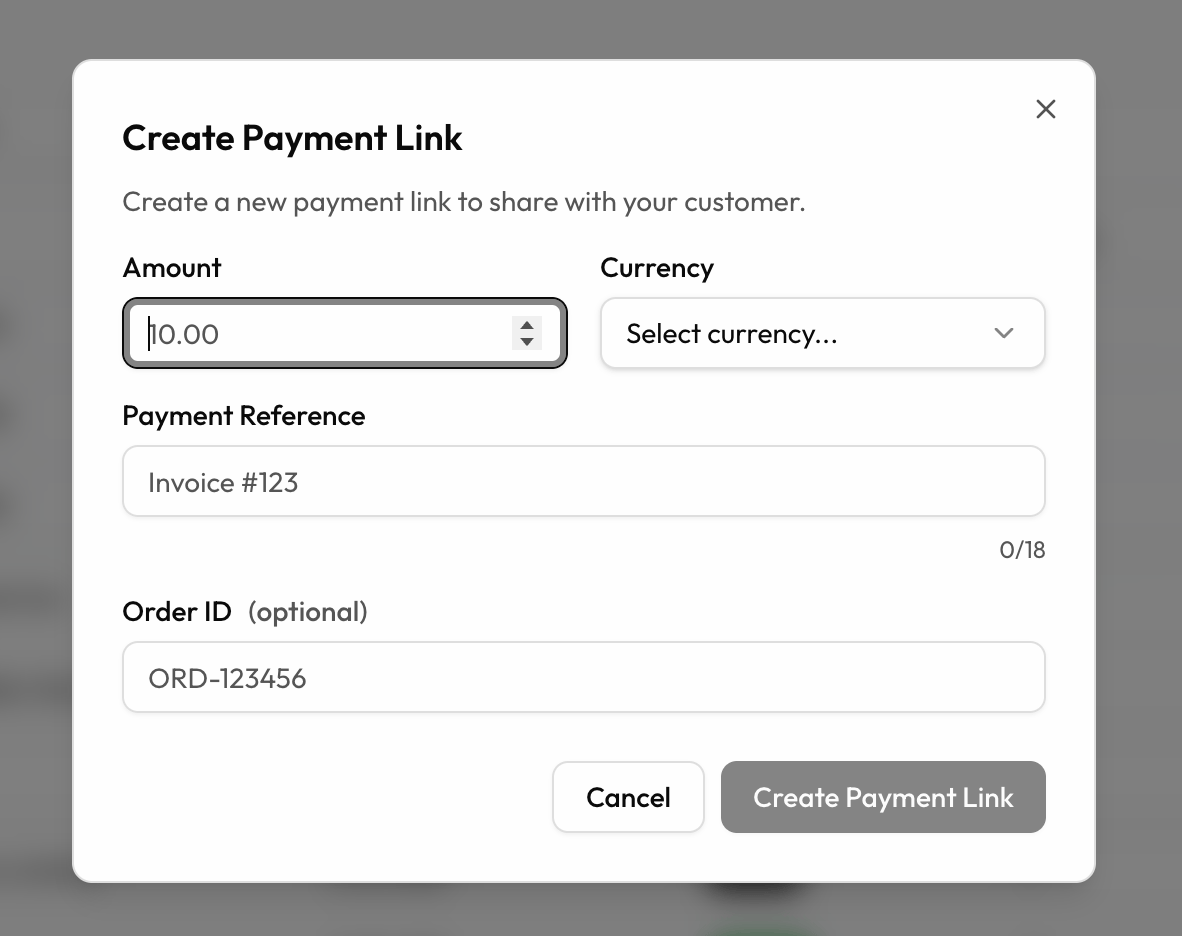 Create Payment Link dialog in the Quidkey Console