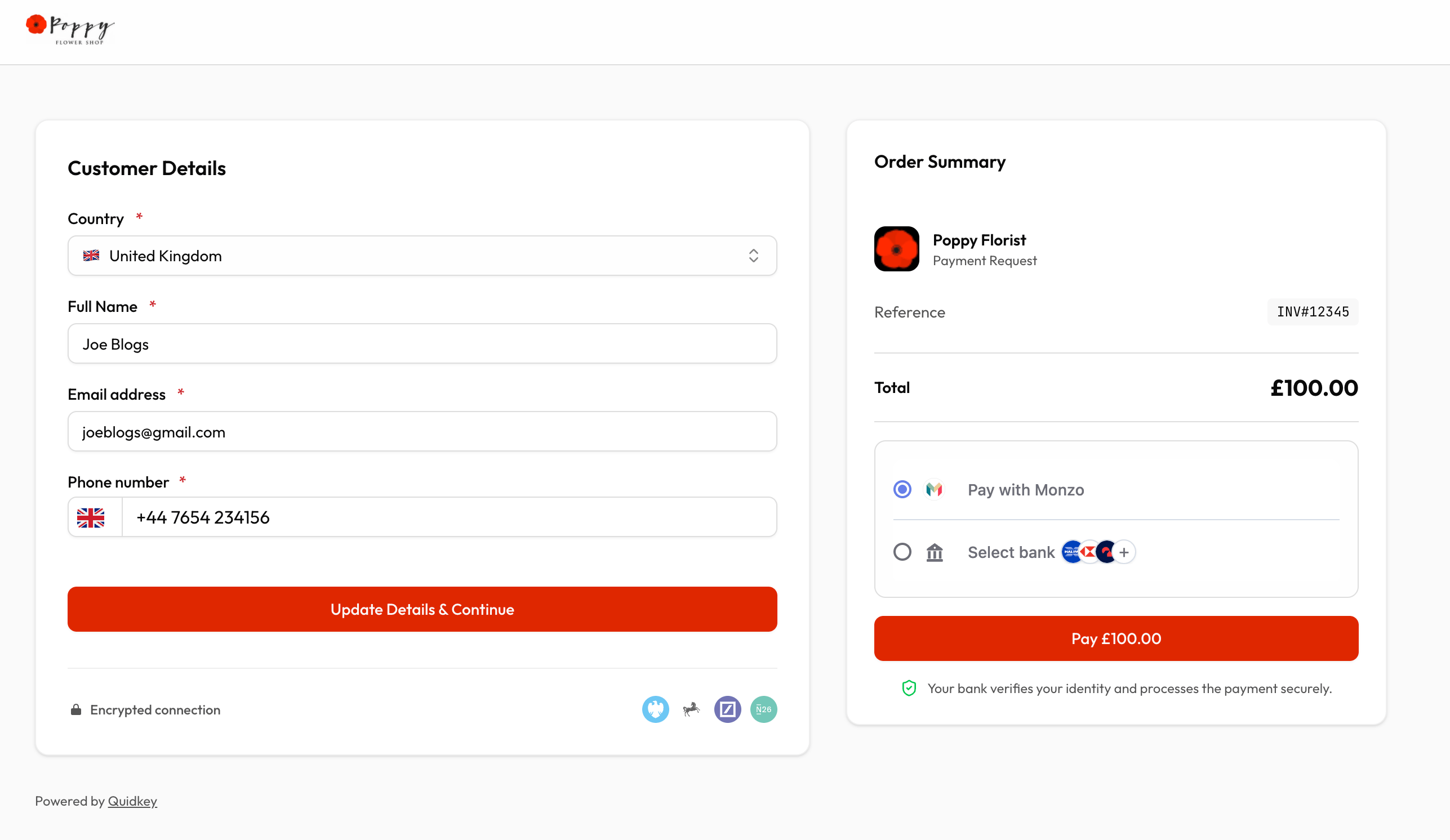 Branded checkout page showing the customer details form and order summary
