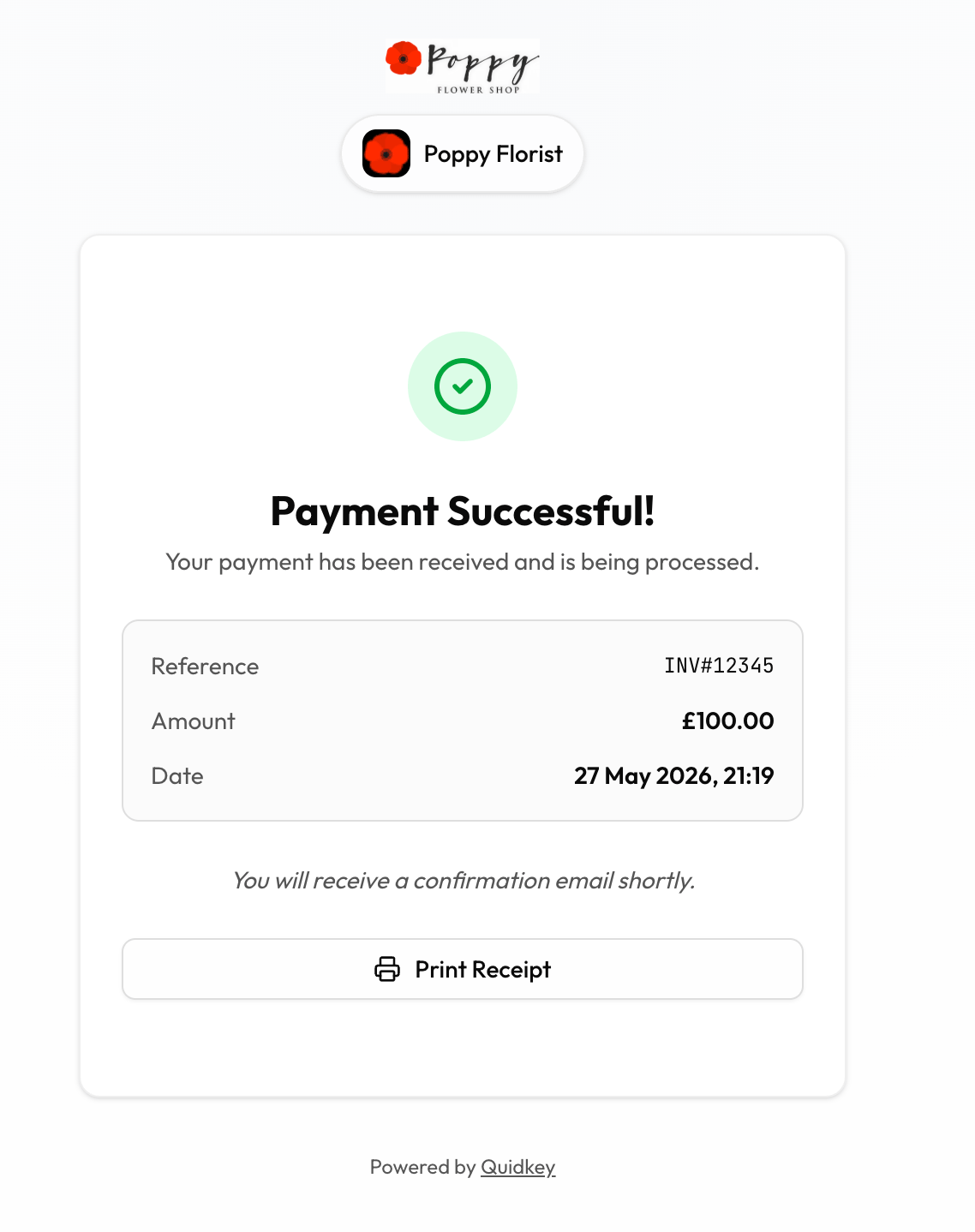 Branded payment successful confirmation page