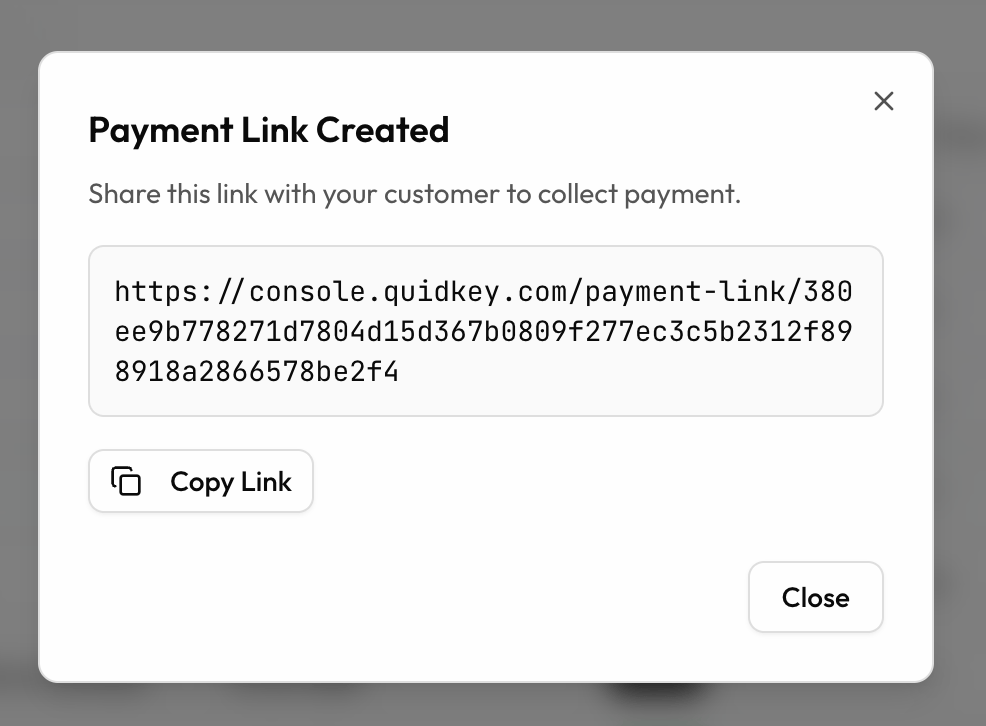 Payment Link Created dialog with a Copy Link button