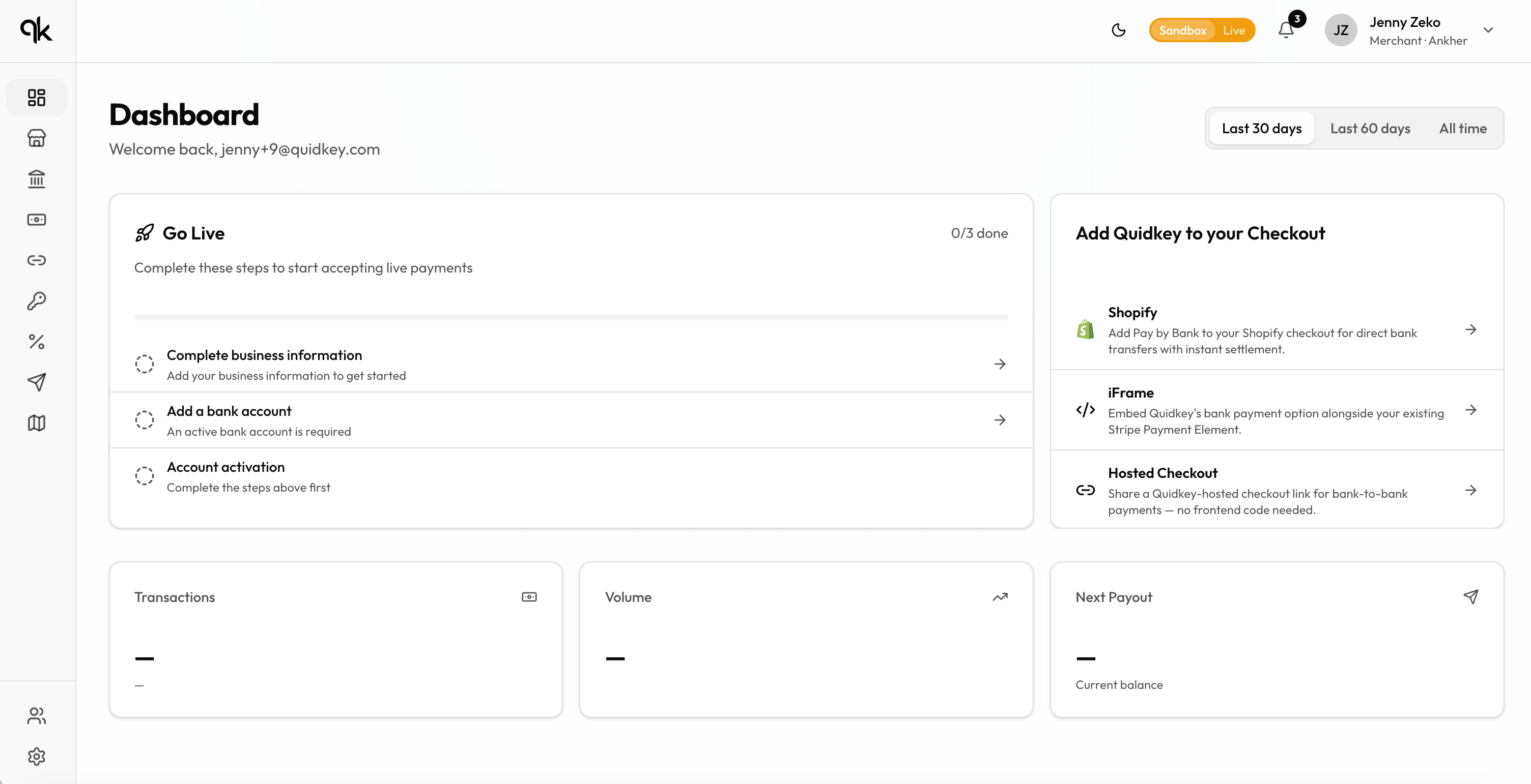 Quidkey Dashboard with the Go Live checklist