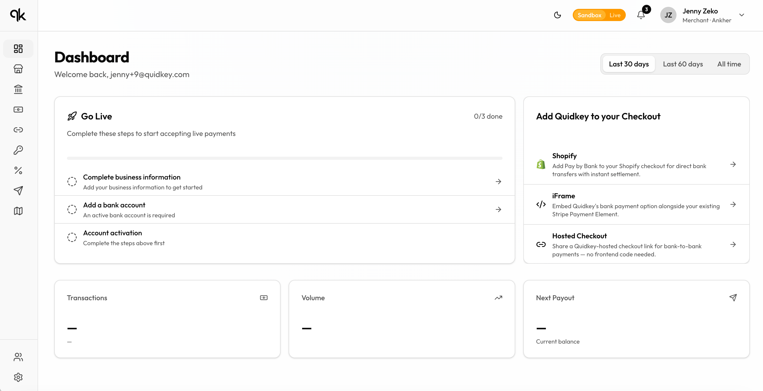 Quidkey Dashboard with the Go Live checklist