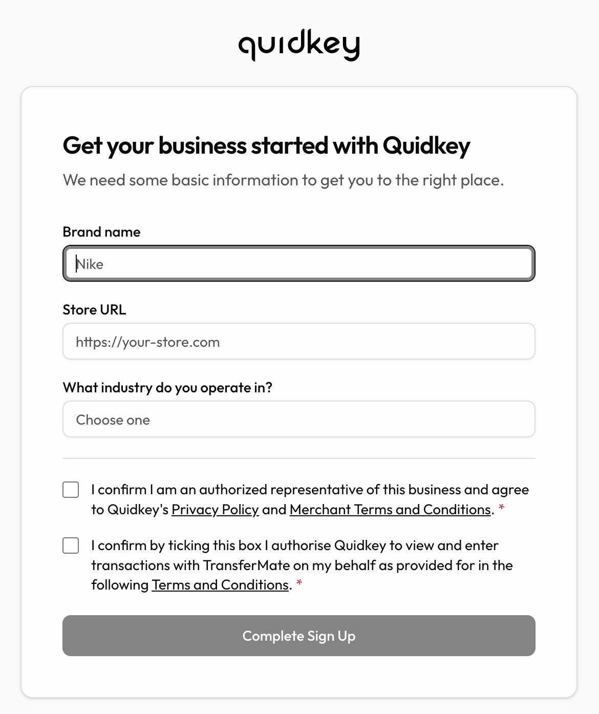 Quidkey signup page