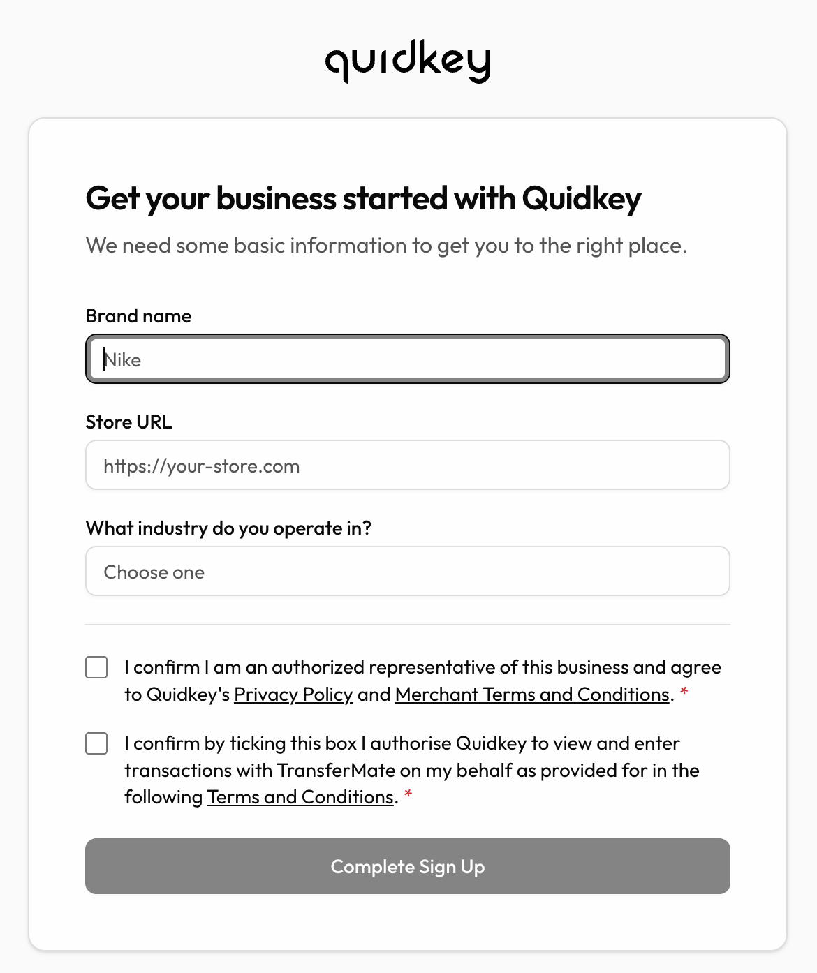 Quidkey signup page