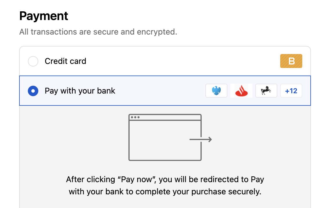 Checkout page showing Pay with your bank available in test mode