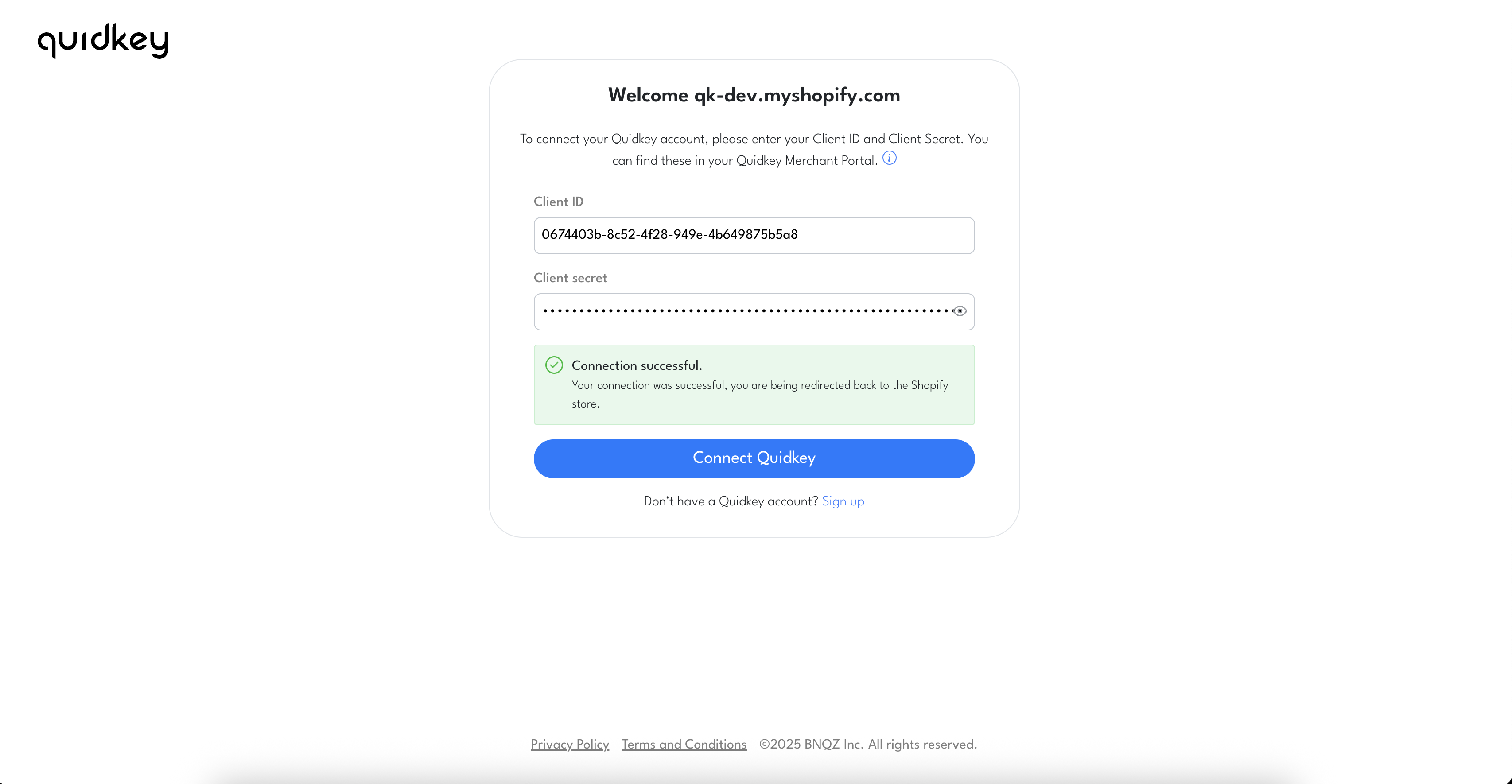 Shopify Connect Quidkey page where you paste your Client ID and Client Secret