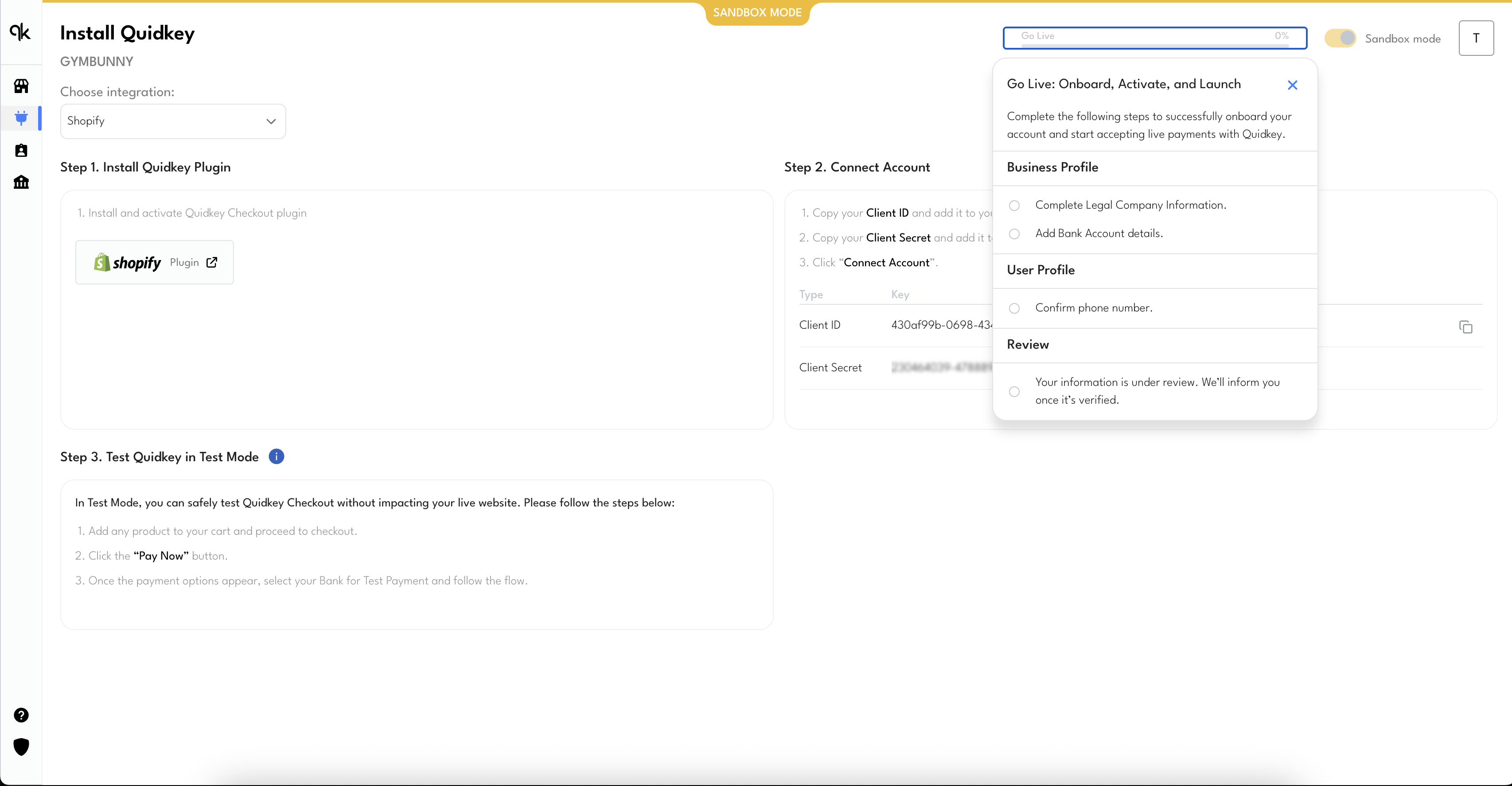 Go Live progress bar in the Quidkey dashboard