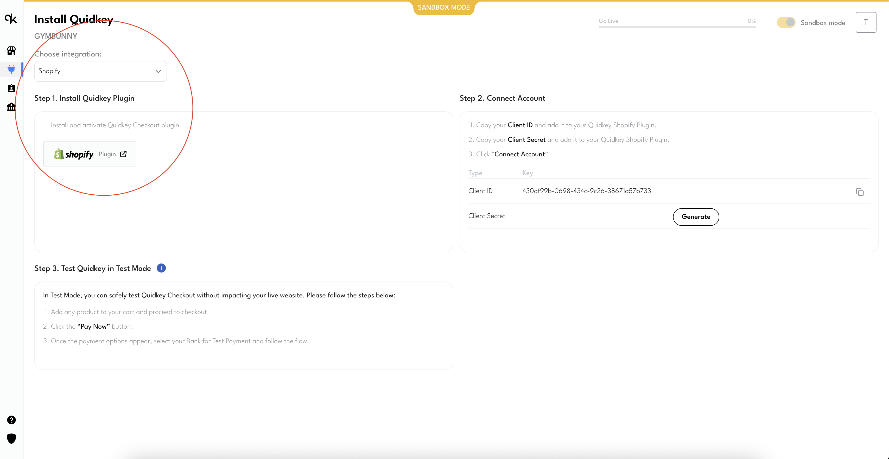 Install Quidkey page with Shopify selected and the Shopify plugin button