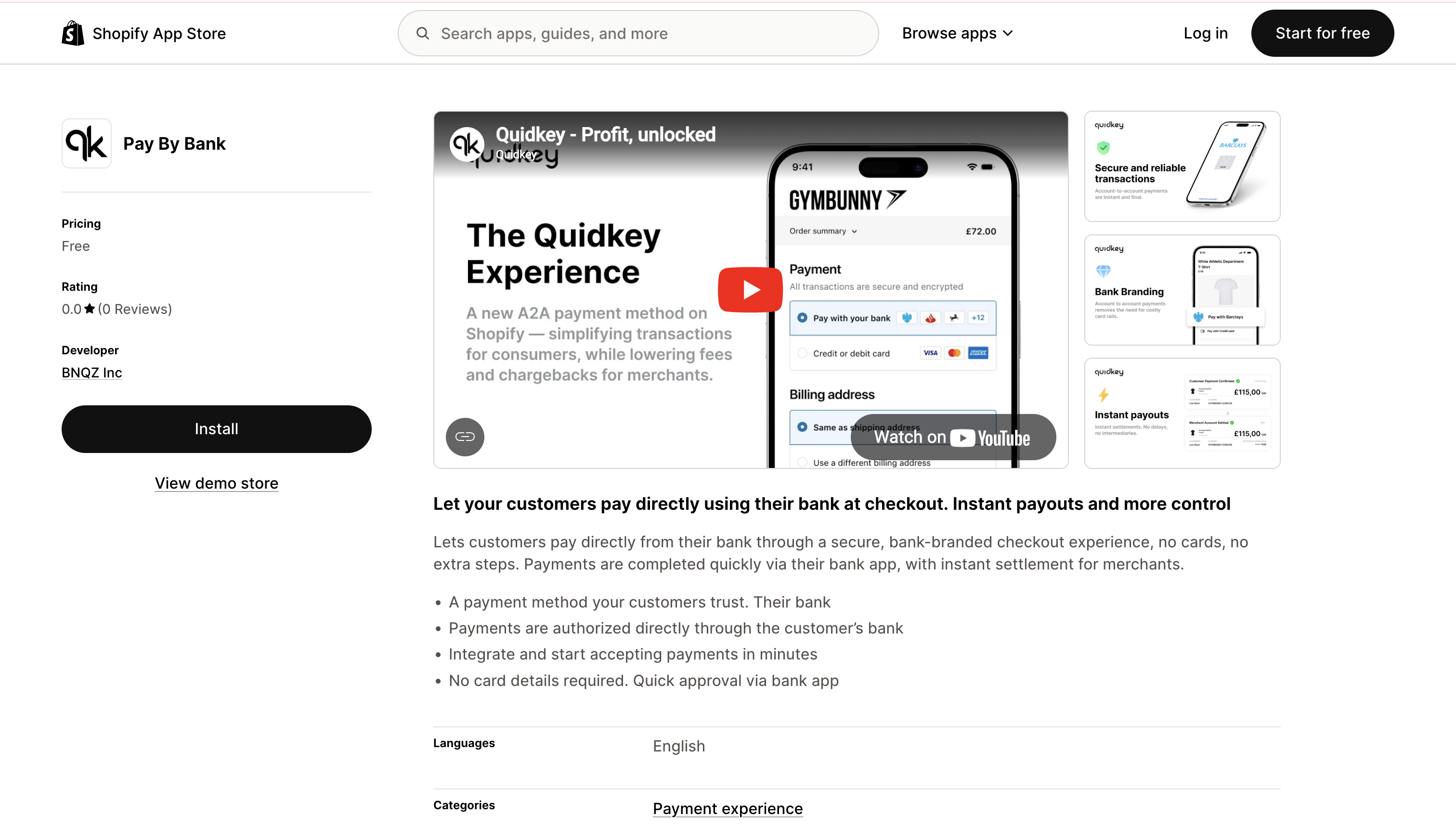 Shopify App Store page for Pay By Bank