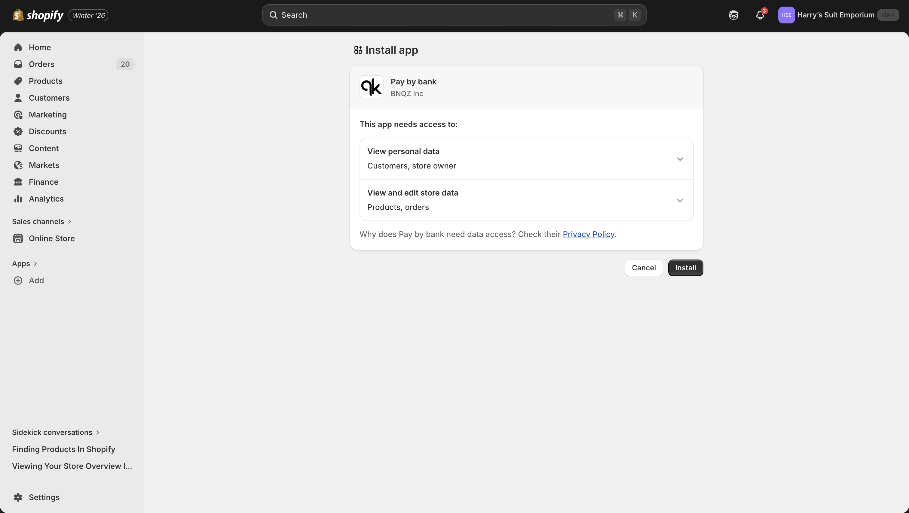 Shopify permissions screen for Pay By Bank