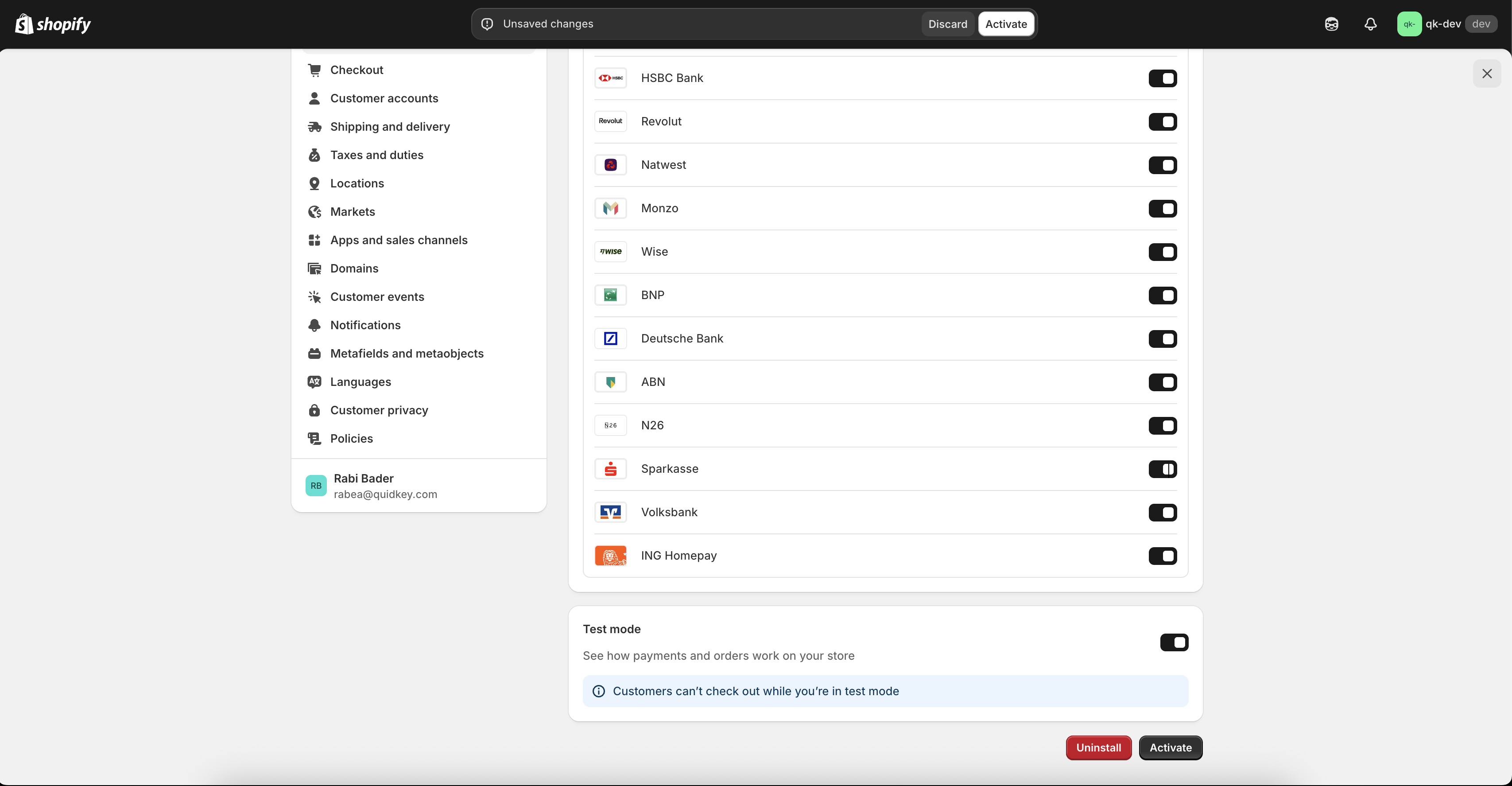 Activate Pay by Bank App with Test Mode enabled