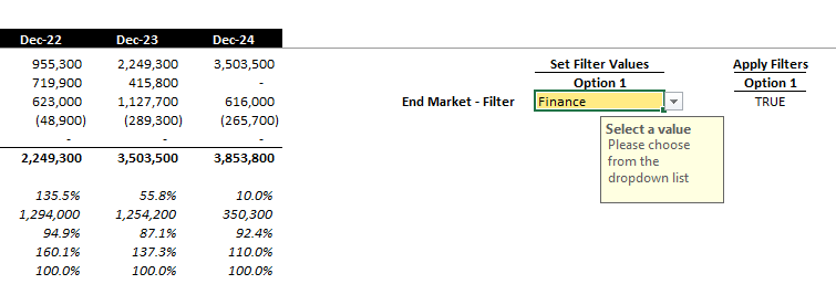 Excel filter sheet with TRUE/FALSE toggles