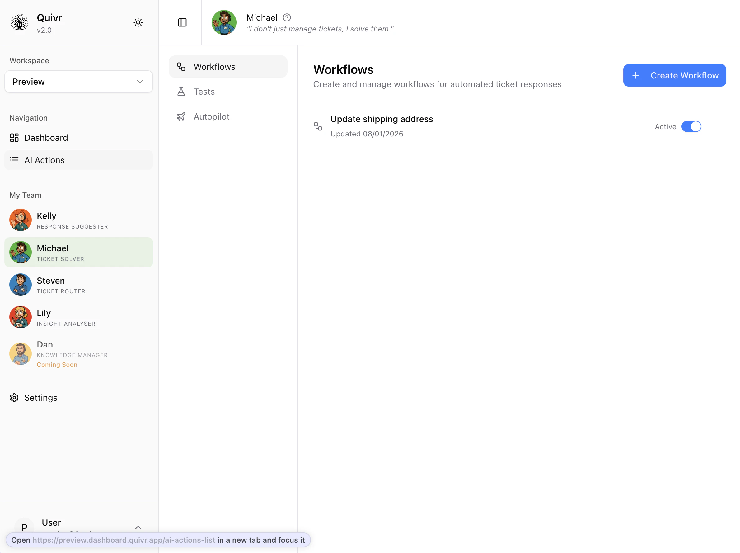 Bouton pour créer un nouveau workflow dans le tableau de bord Quivr