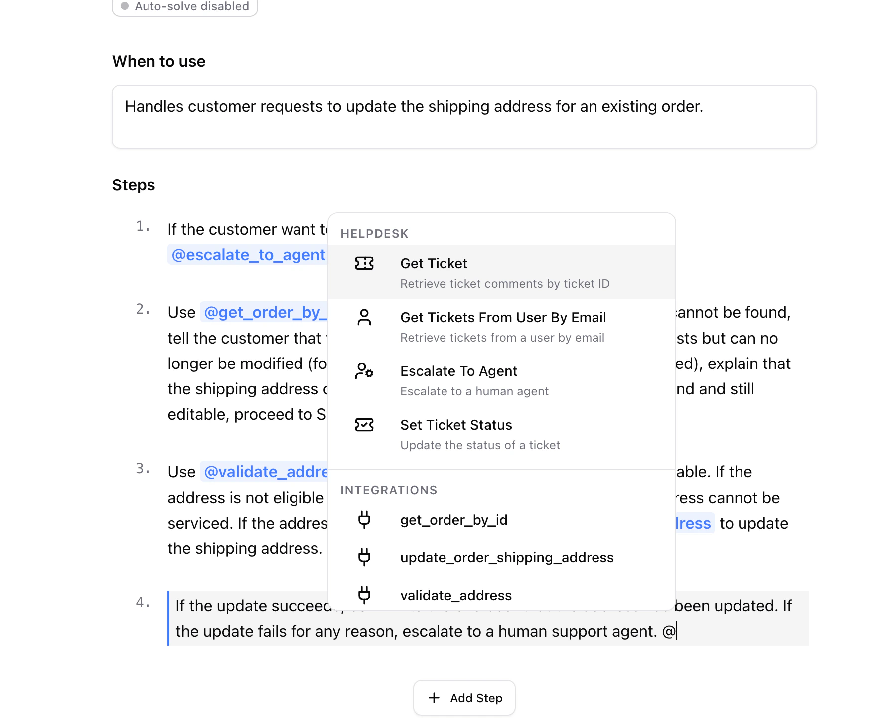 Menu autocomplete des outils
