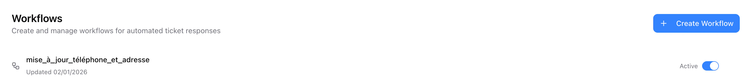 Liste des workflows avec toggle d'activation