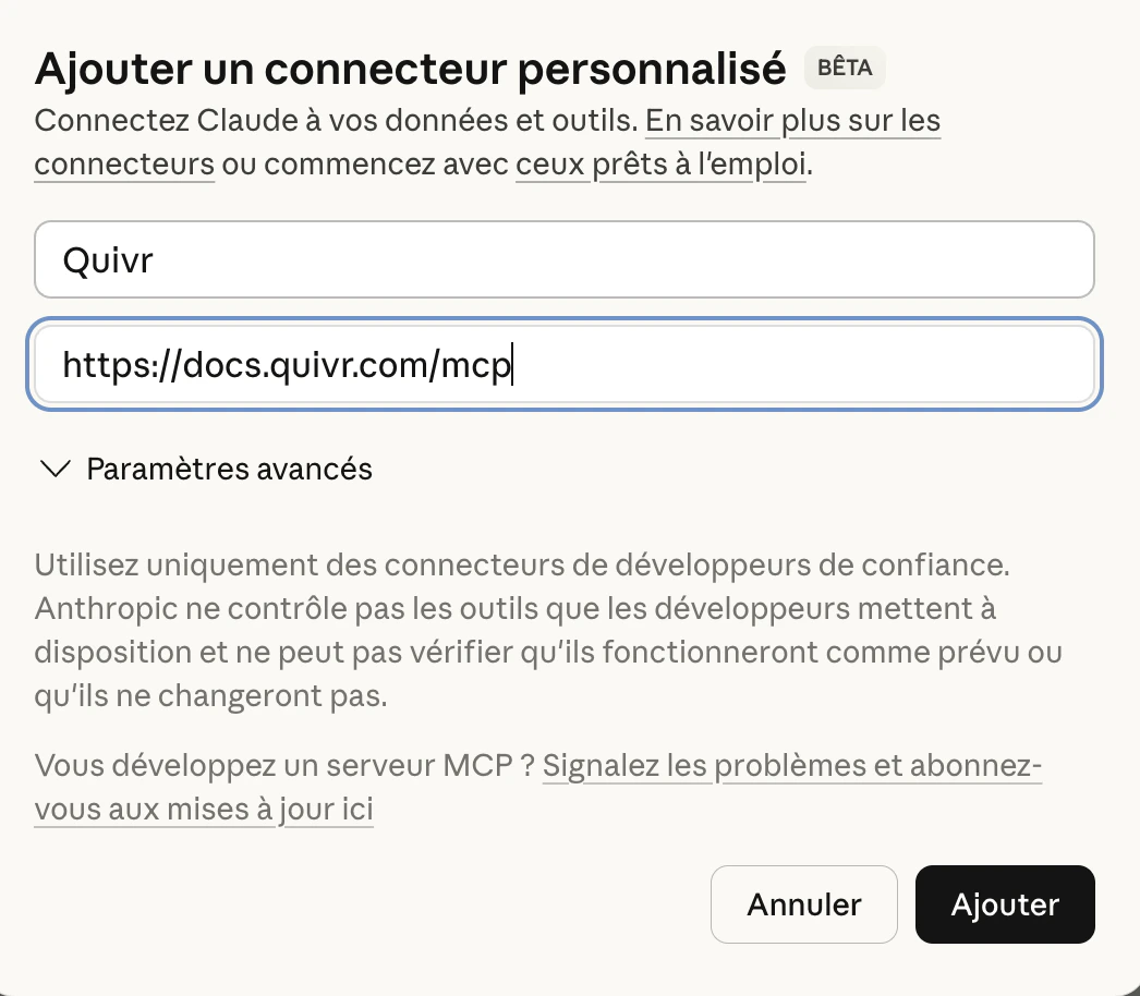 Formulaire d'ajout de connecteur personnalisé