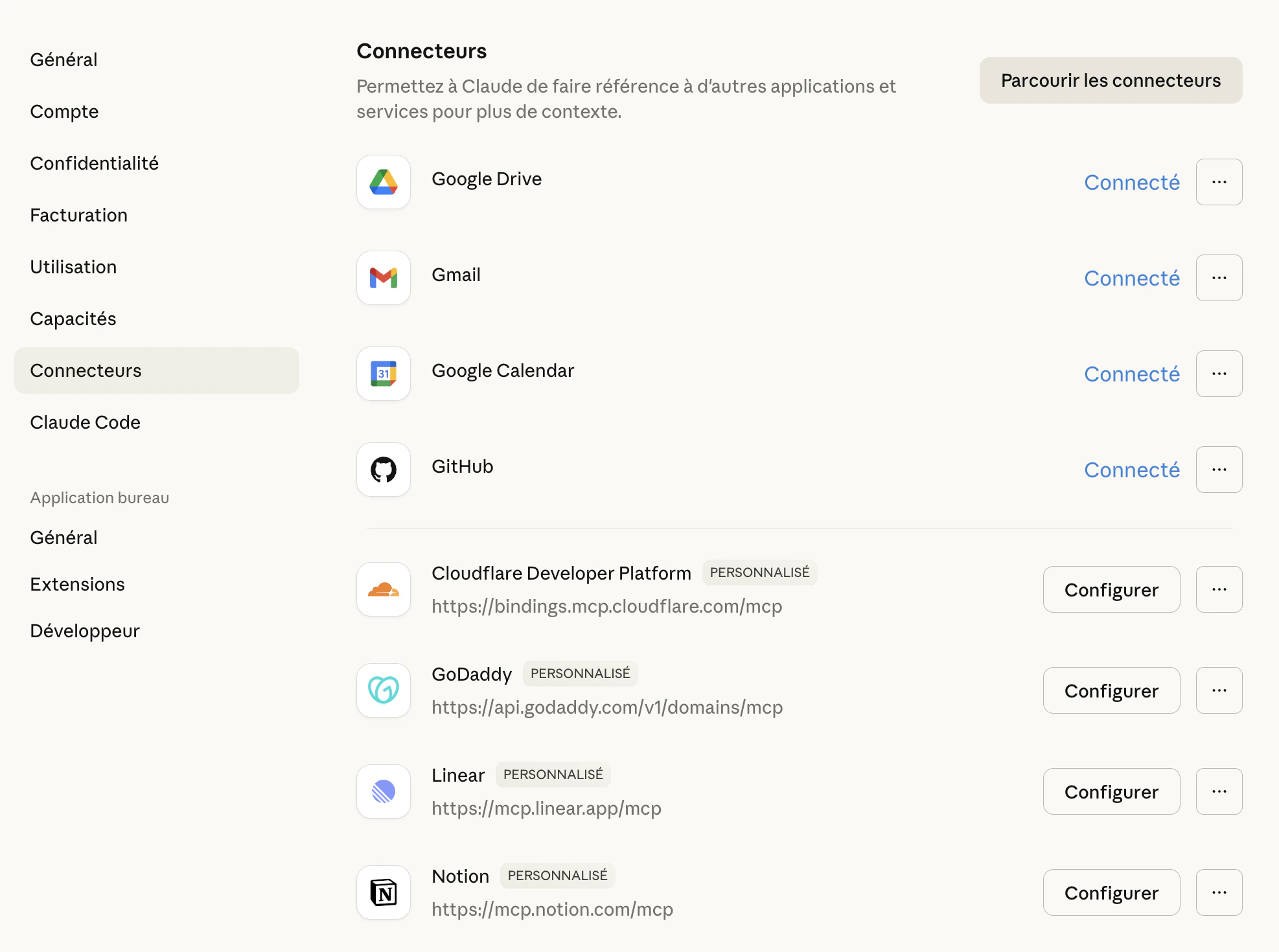 Page des connecteurs dans les paramètres Claude