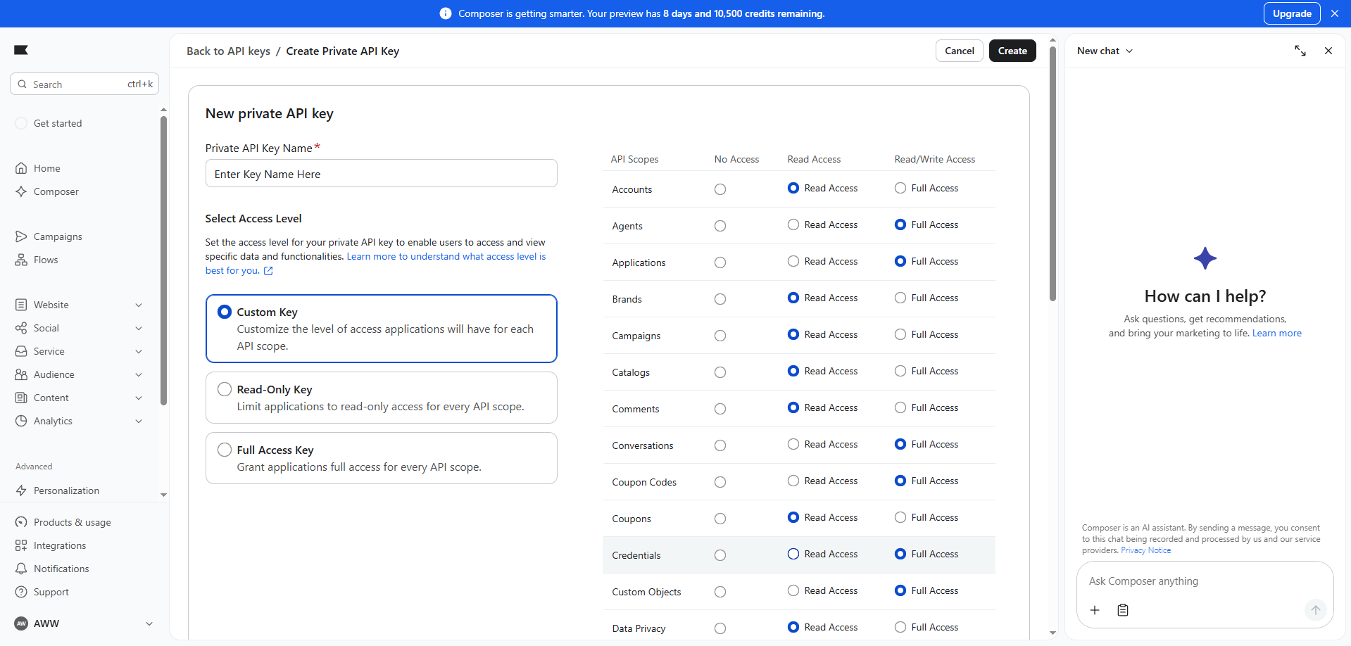 Set API Key Name and Permissions in Klaviyo