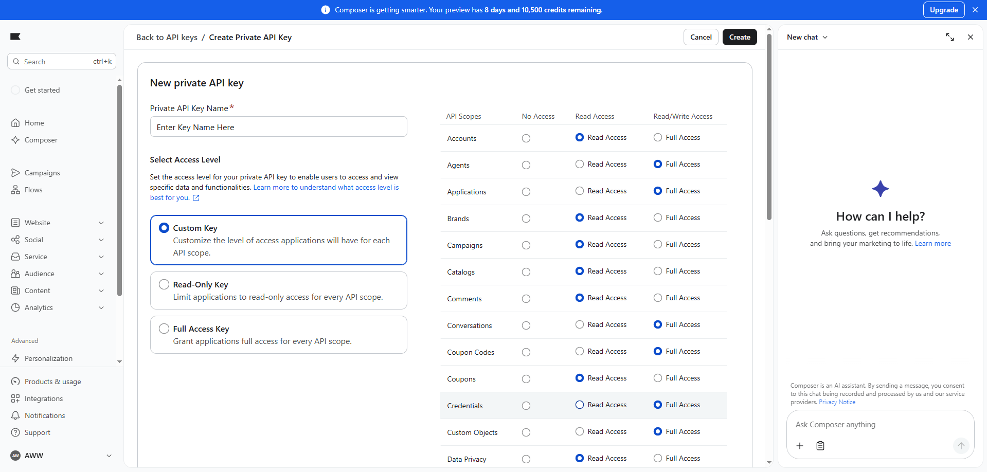 Set API Key Name and Permissions in Klaviyo