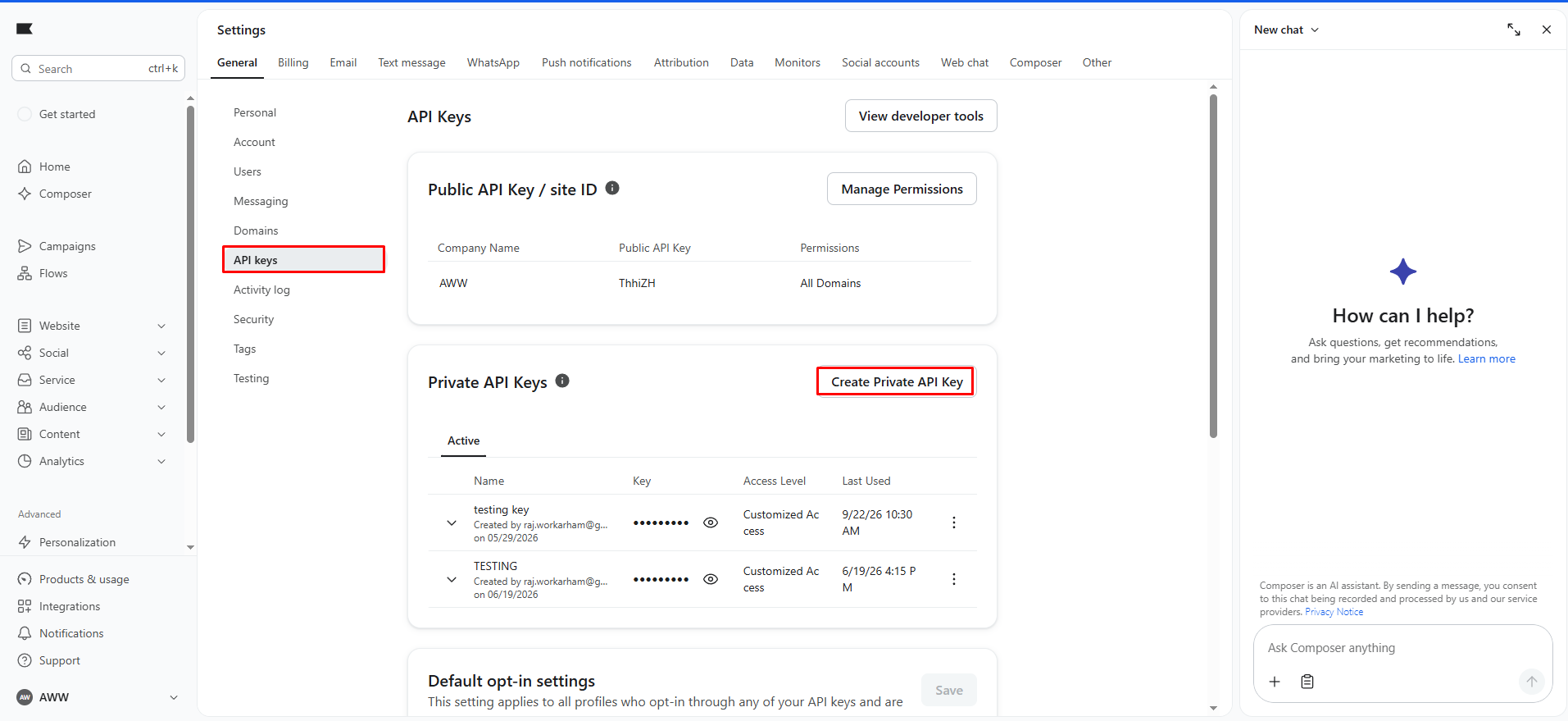Create Private API Key in Klaviyo
